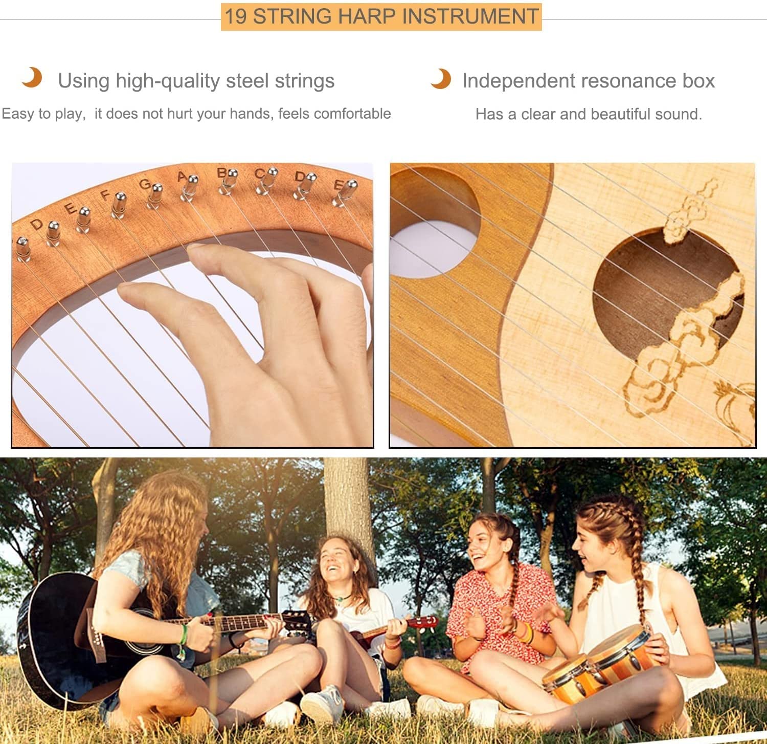 XuRX Harp Autohanps Lyre Design humanisé des harpes de Lune, des Instruments à Cordes Classiques Traditionnels, avec Un Emballage de Performance, Un Tuner, des chaînes de Rechange (Taille: 19 String)