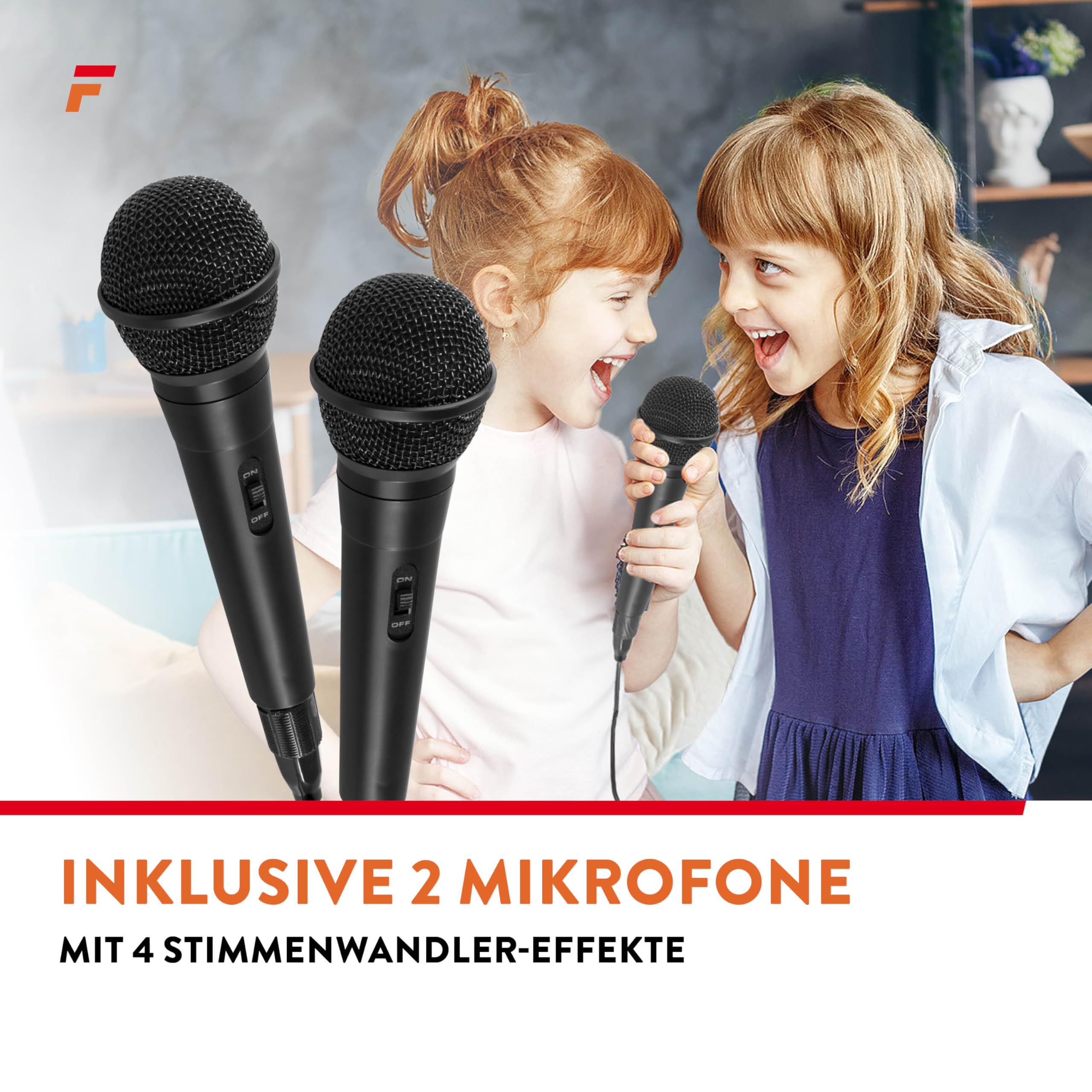 Fenton KAR15B Mobile Karaoke Maschine Kinder mit 2 Mikrofonen, Bluetooth, Akku, LED-Lichteffekte, Echo-Modi & AUX-Eingang - Tragbare Karaoke Box mit USB-C-Kabel, ideal für Partys & Duette - Schwarz