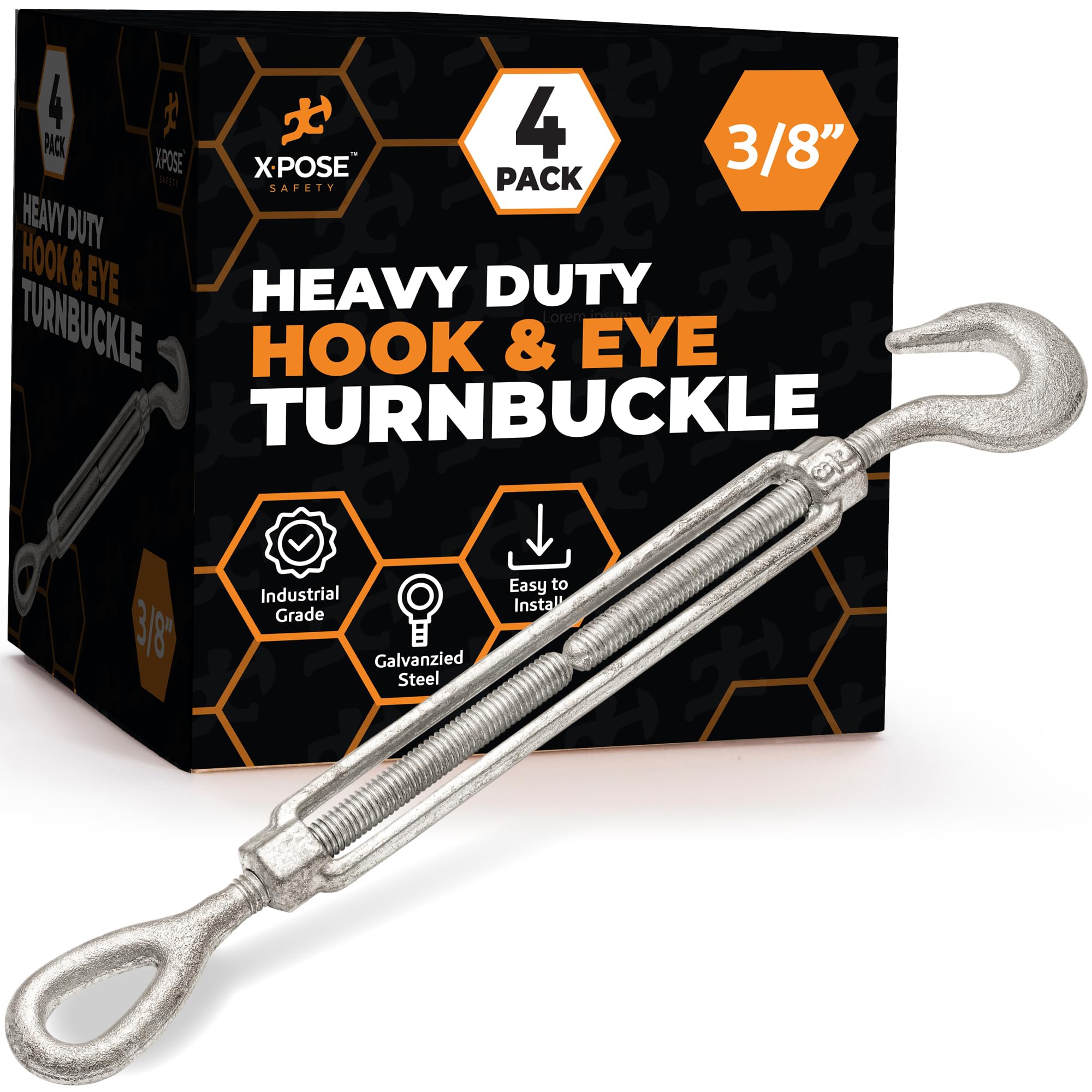 Xpose Safety 3/8" Hook and Eye Turnbuckle - Heavy Duty Galvanized Steel Turn Buckles - Turn Buckle Tensioner for Cables, Tension Wire, Rope, Shade -