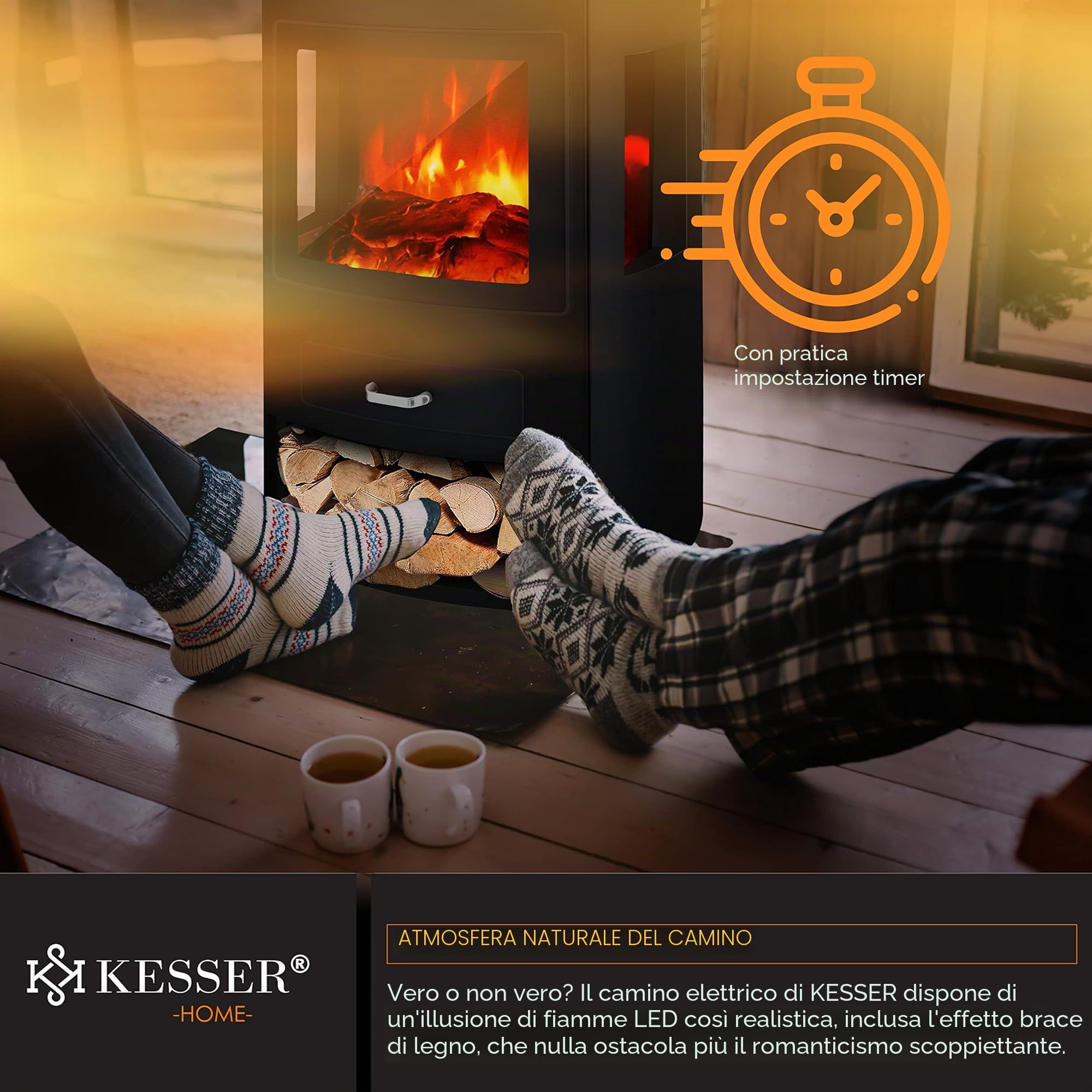 KESSER® Prio Camino Elettrico con Stufa, Termoventilatore, Telecomando, 950/1900 W, Caminetto Elettrico con Effetto Fiamma LED, Rilevamento Finestra Aperta, Fattura Robusta, Telecomando Incluso