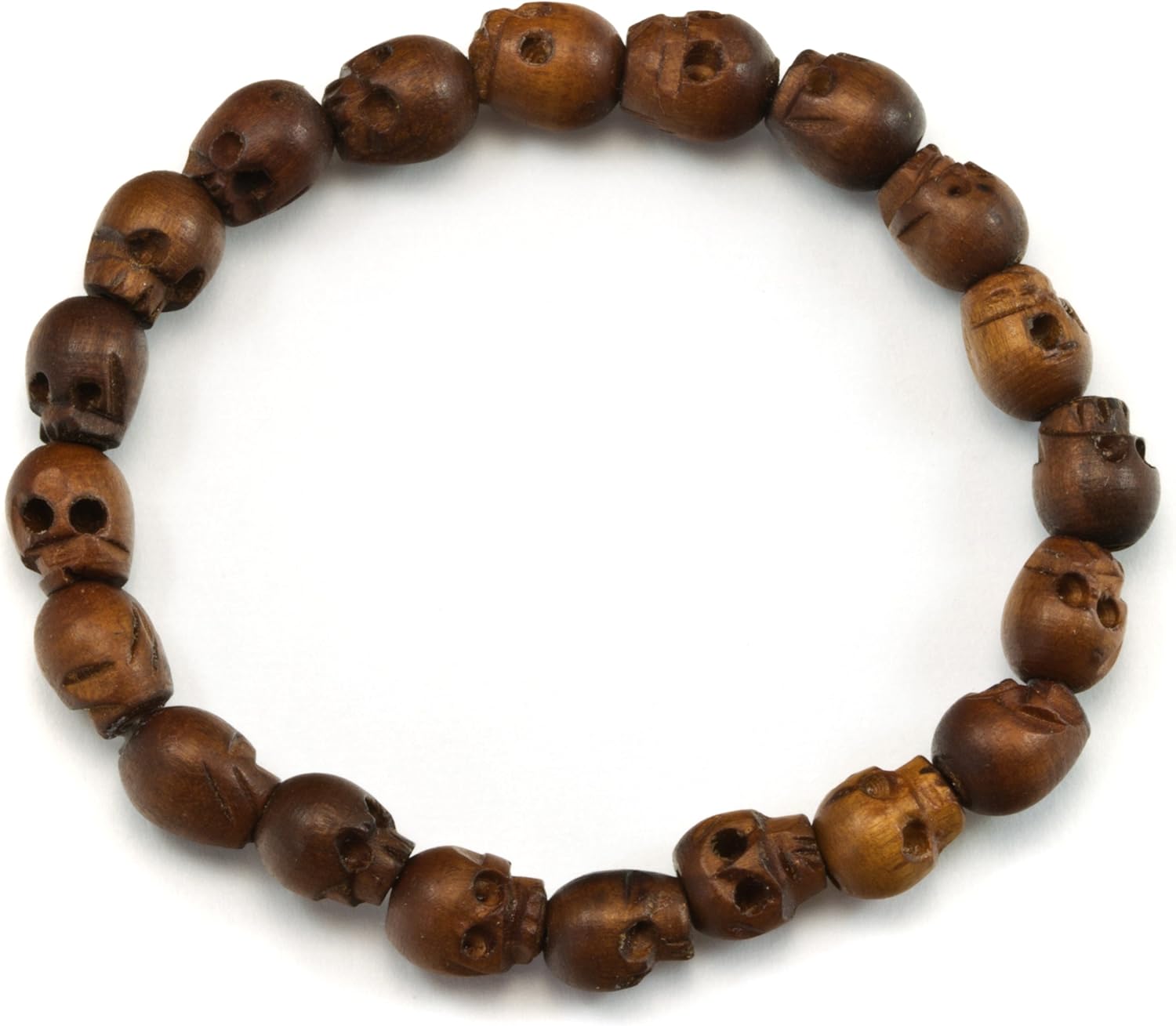 Spyglass Designs Men's Skull Bracelet Brown Wooden Carved Mala Beads Man's Male Stretchy Adjustable, 8"