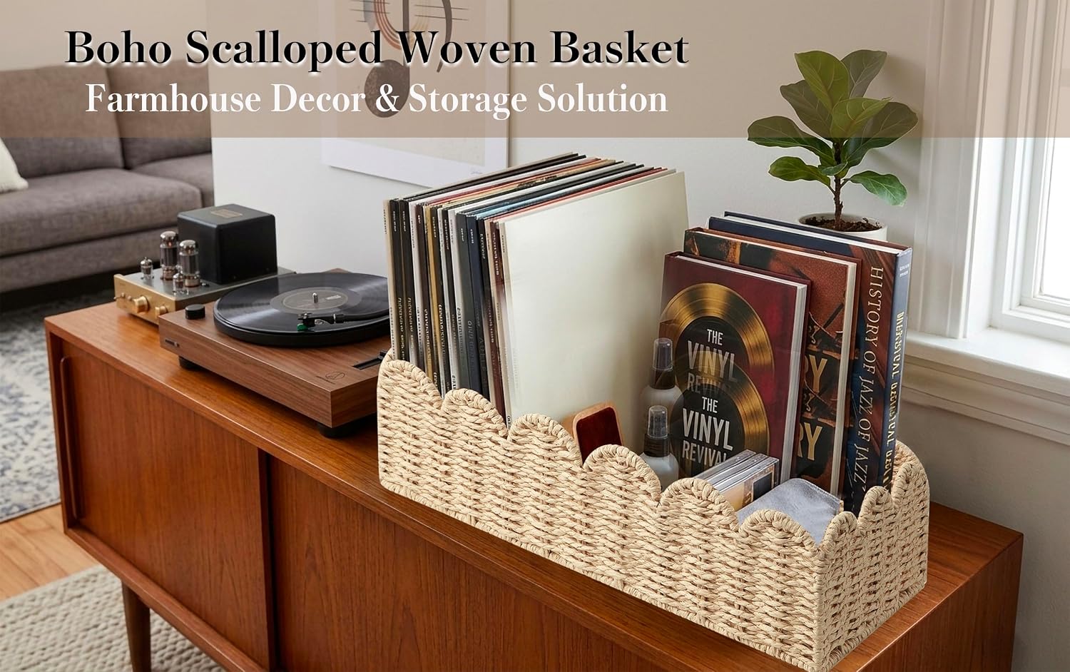 2 Pack Scalloped Wicker Toilet Paper Storage Basket, Handwoven Paper Rope Basket Organizer for Toilet Tank & Shelves, Decorative Woven Storage Bin for Living Room, Bedroom & Entryway, Beige