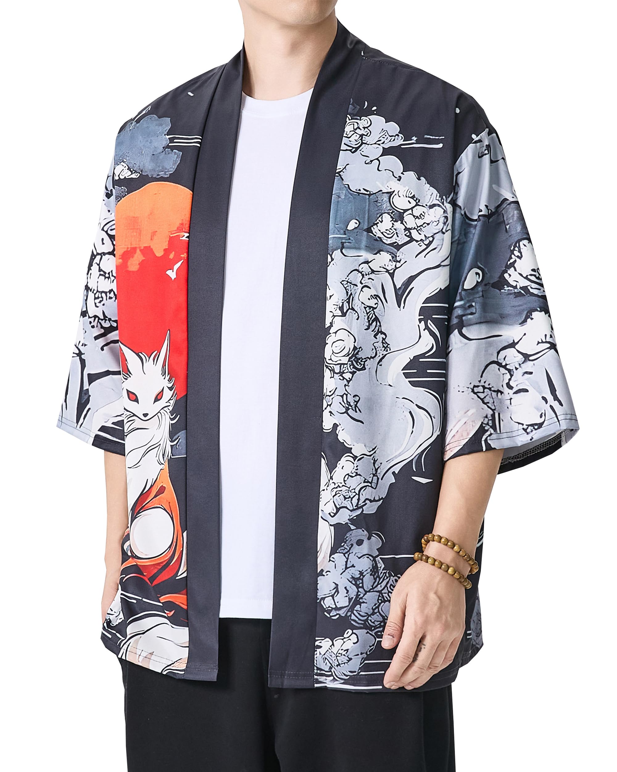 PRIJOUHE Men's Japanese Kimono Robe Jacket 3/4 Sleeve Open Front Yukata