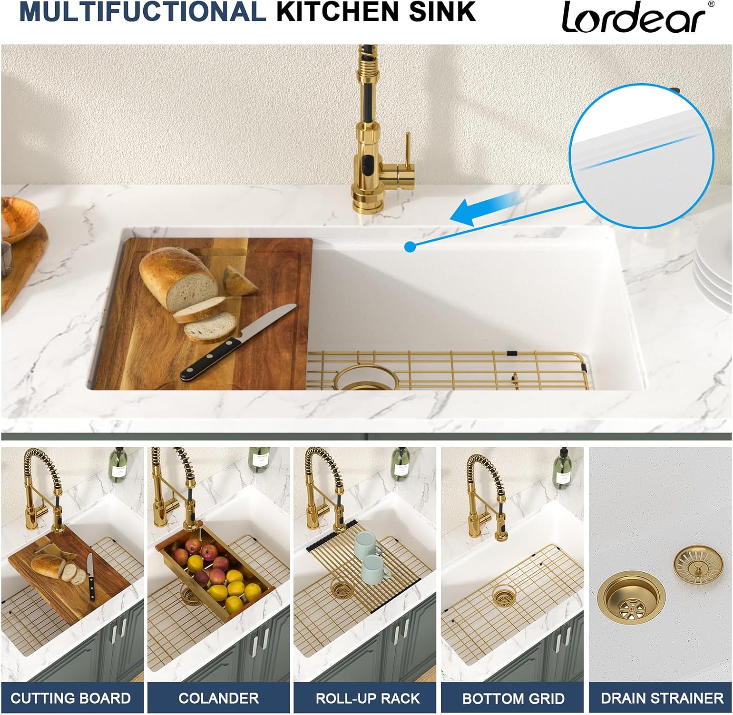 Lordear 32 Inch White Kitchen Sink Granite Composite Undermount Kitchen Sink Workstation 32x19 White Quartz Sinks Under Counter Single Bowl with Classic Gold Accessories