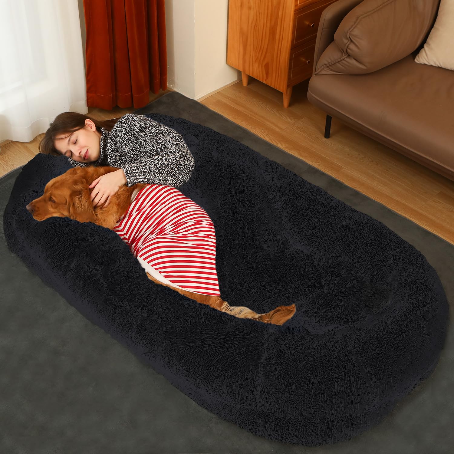 Human Dog Bed, 71"x45"x12" Orthopedic Washable Humans Size Dog Bed Fits People and Pets, Faux Fur Plush Dog Bed for Human Adults Doze Off, Napping with Blanket - Black