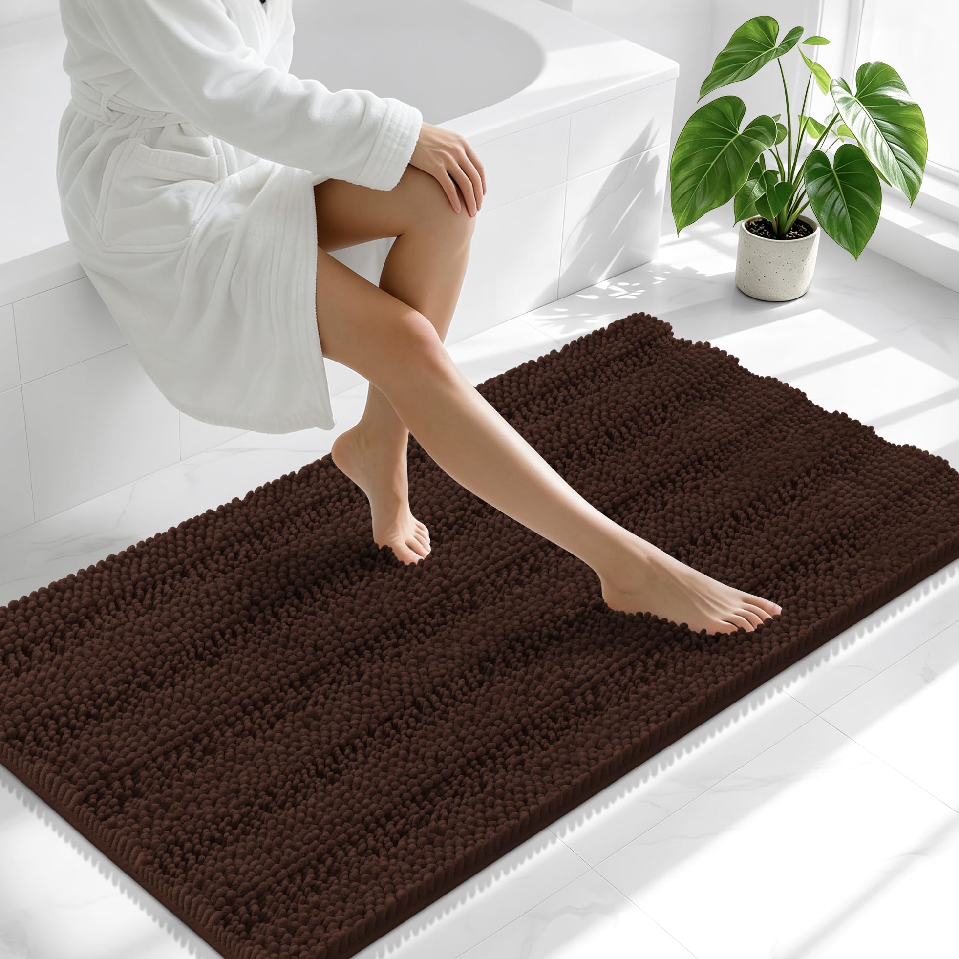 Smiry Thick Chenille Bathroom Runner Rugs 47x24, Absorbent Bath Mat, Brown