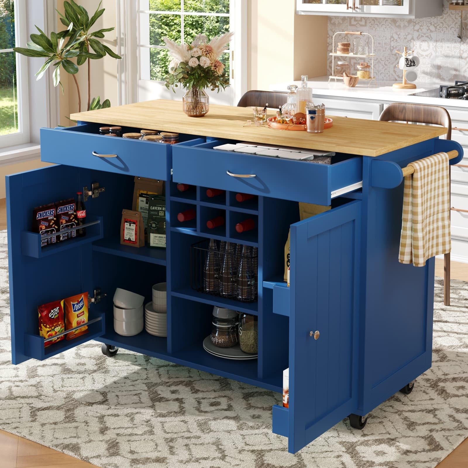 PUGSDRLY Desserte Cuisine avec roulettes,Buffet Cuisine de Rangement avec Un casier à vin,Chariot de Repas,2 Tiroirs et 2 Porte,Espace de Rangement Multifonctionnel (Bleu)