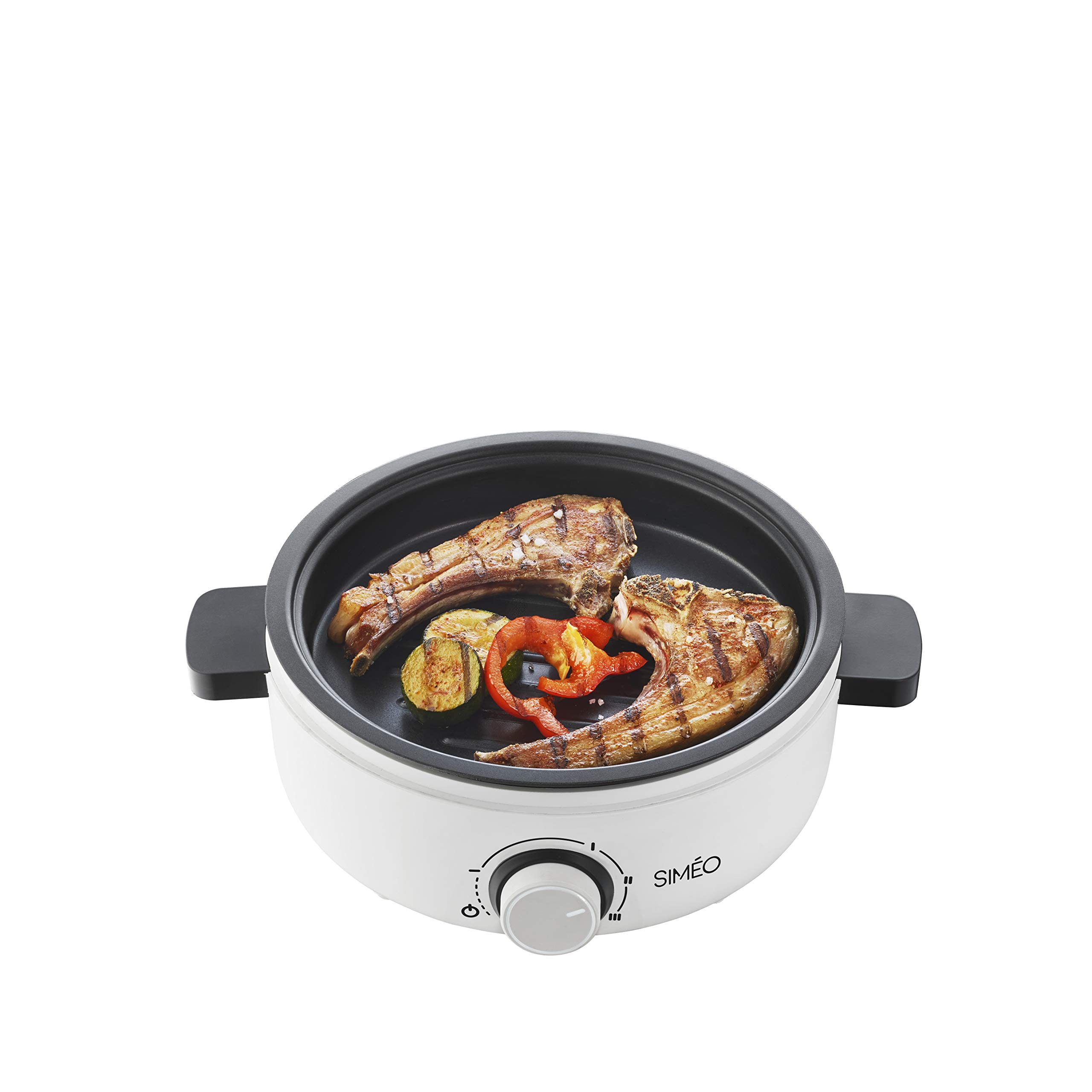 SIMÉO Tajine Électrique pour 4 Personnes - Cuisson Homogène, 3 Réglages de Chaleur - Couvercle en Céramique, Plaque Grill Intégrée - Capacité 1,8L - 30,5 x 25 x 26 cm - Blanc