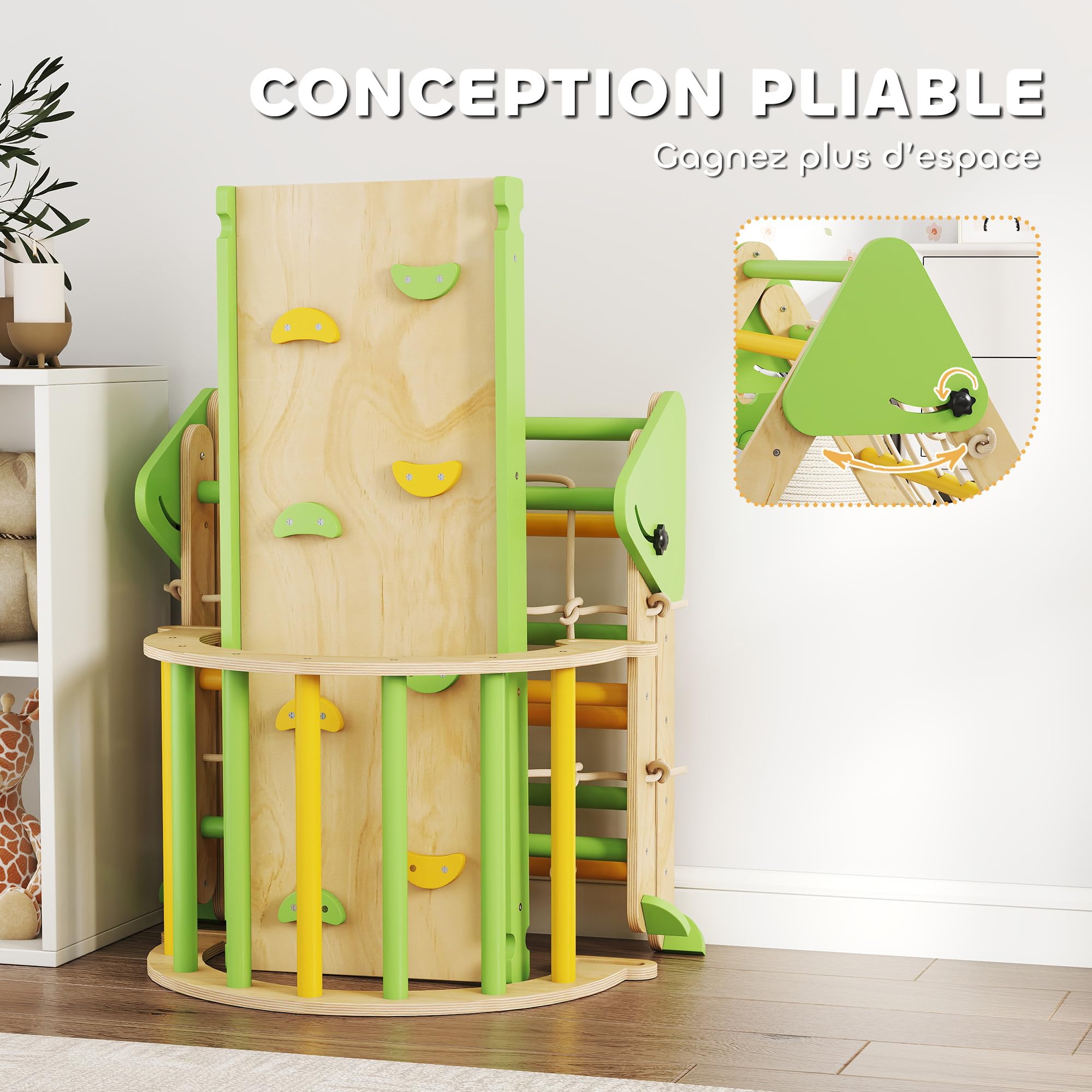 AIYAPLAY 8 en 1 Triangle d'escalade Enfants Rampe Double Face Vert | Arc d'Escalade Bois Peuplier, Toboggan & Échelle, Glisser ou Grimper, Parcours Motricité Enfant 18 à 48 Mois, Charge 50 kg