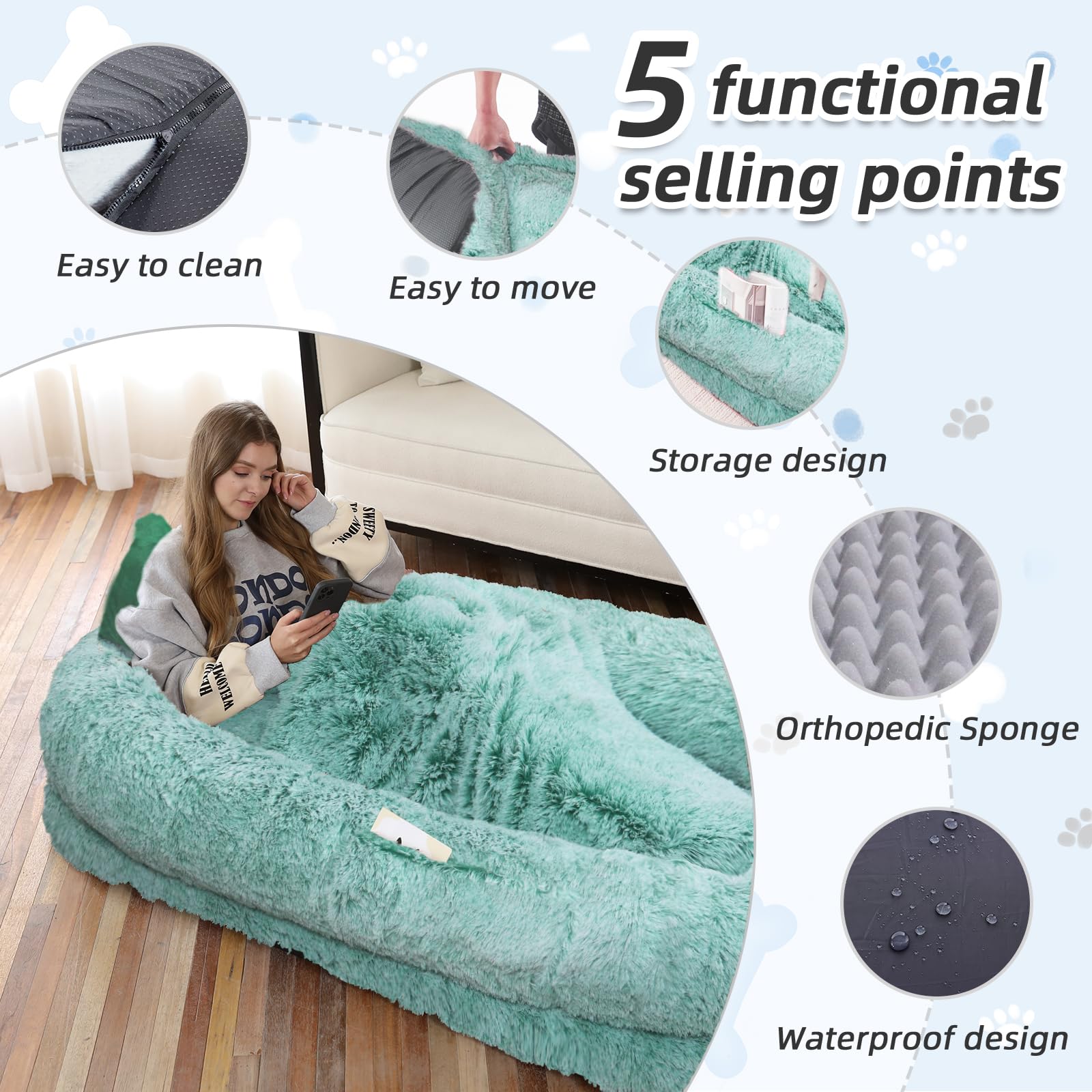 Human Dog Bed, 71''x45''x12'' Size Fits You and Pets, Washable Faux Fur Pet Bed for People Doze Off, Napping Orthopedic Dog Bed, Present Plump Pillow, Blanket, Strap - Pink: 71.0"L x 45.0"W x 12.0"Th GreenWhite