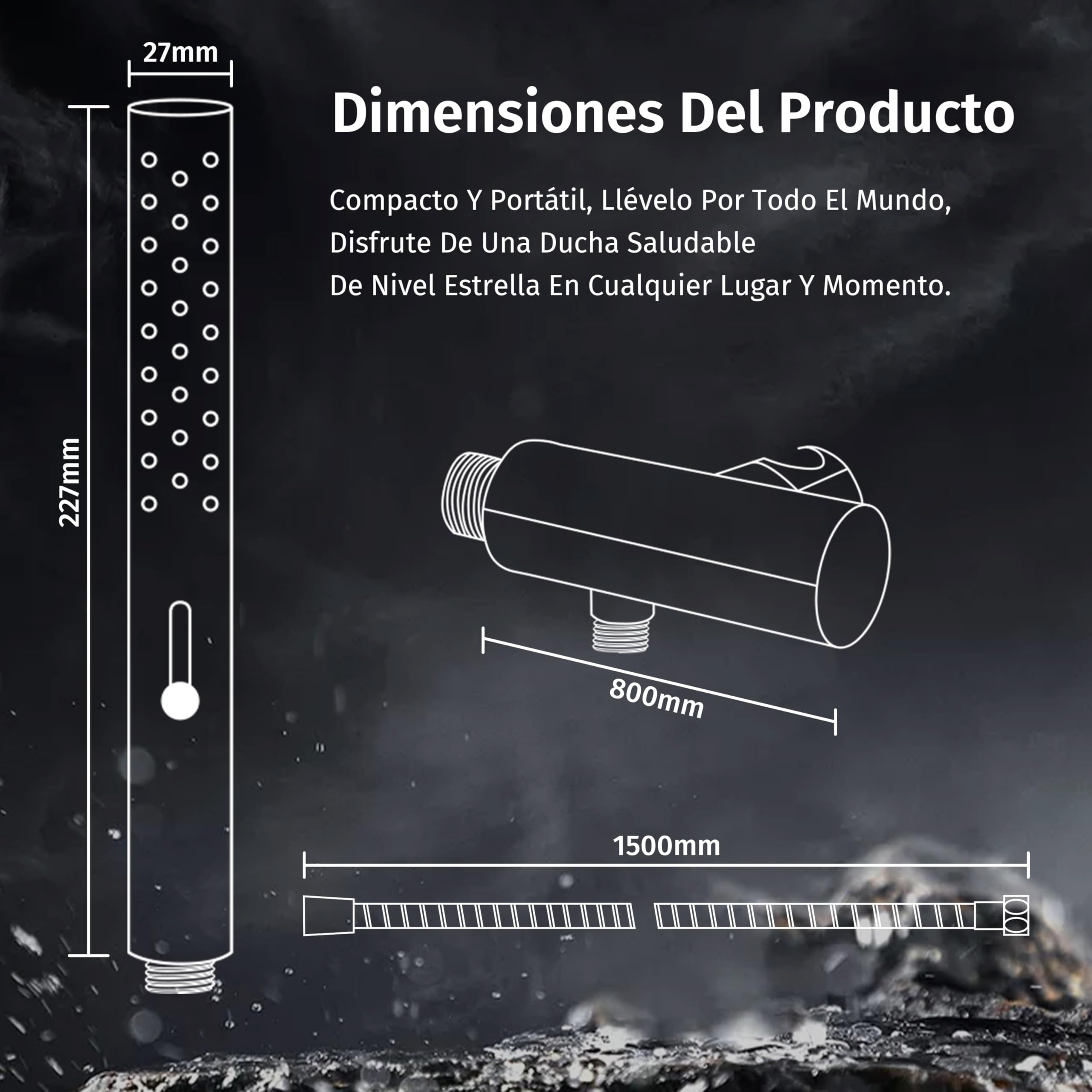 Alcachofa de Ducha,Con 2 modos de agua (modo lluvia y modo flujo fuerte),Conector universal,Forma redonda Mango Ducha,Ducha Baño,Negro,Ducha de mano + Manguera + Soporte