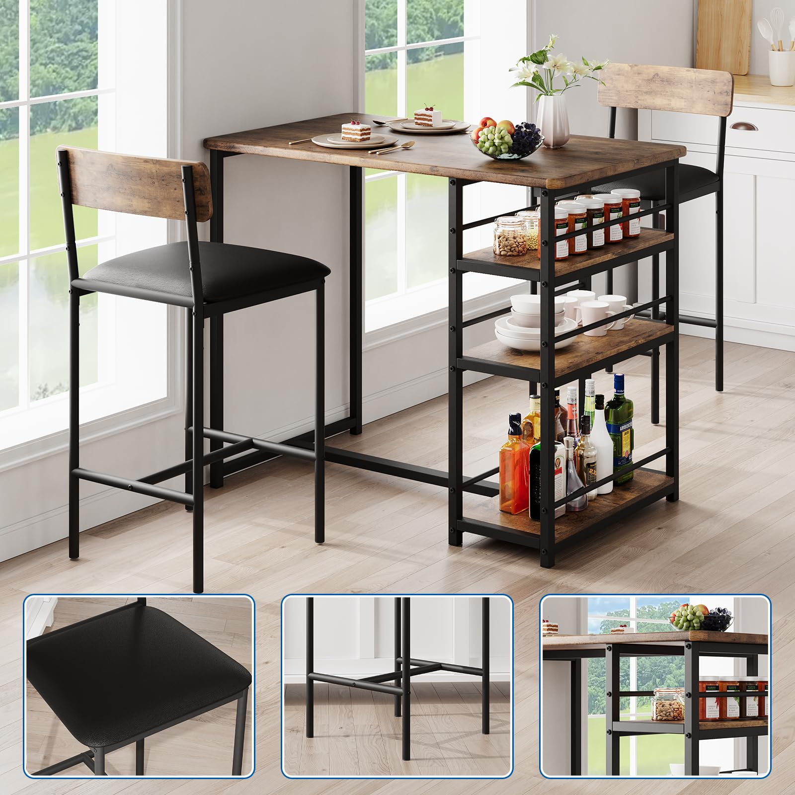 PortoAlegre Bartisch mit Barhocker Set, Esstisch Set für 2 Personen mit 2 Gepolsterten Barstühlen, 3 Ablageflächen Tresentisch Essgruppen für Kleine Räume,Esszimmer, Küche,Braun