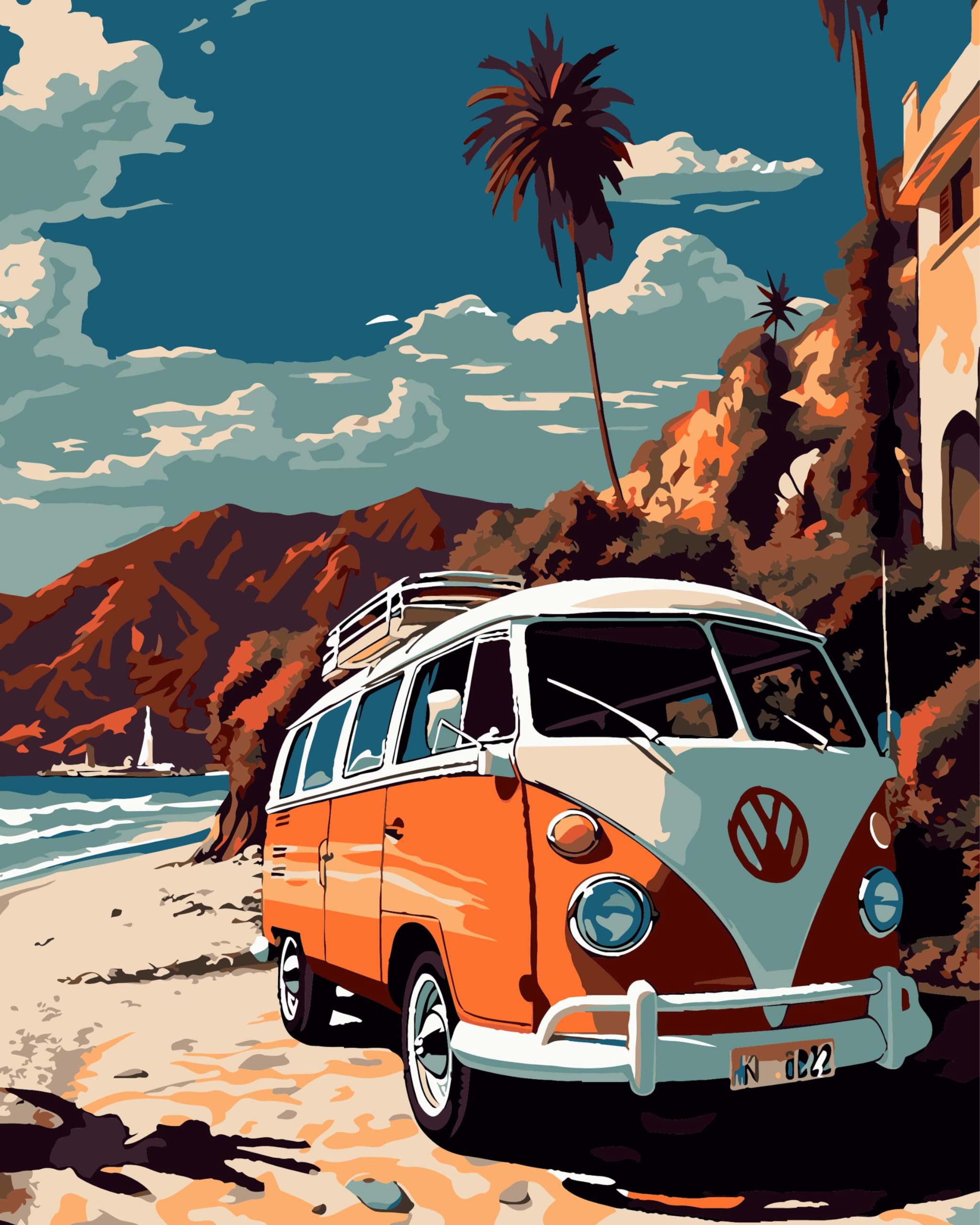 BODEUX Adults Paint by Numbers,Beach Bus Paint by Number Kits for Adult Beginner on Canvas,DIY Oil Paint by Numbers Painting Gift Home Decoration 16x20 Inch