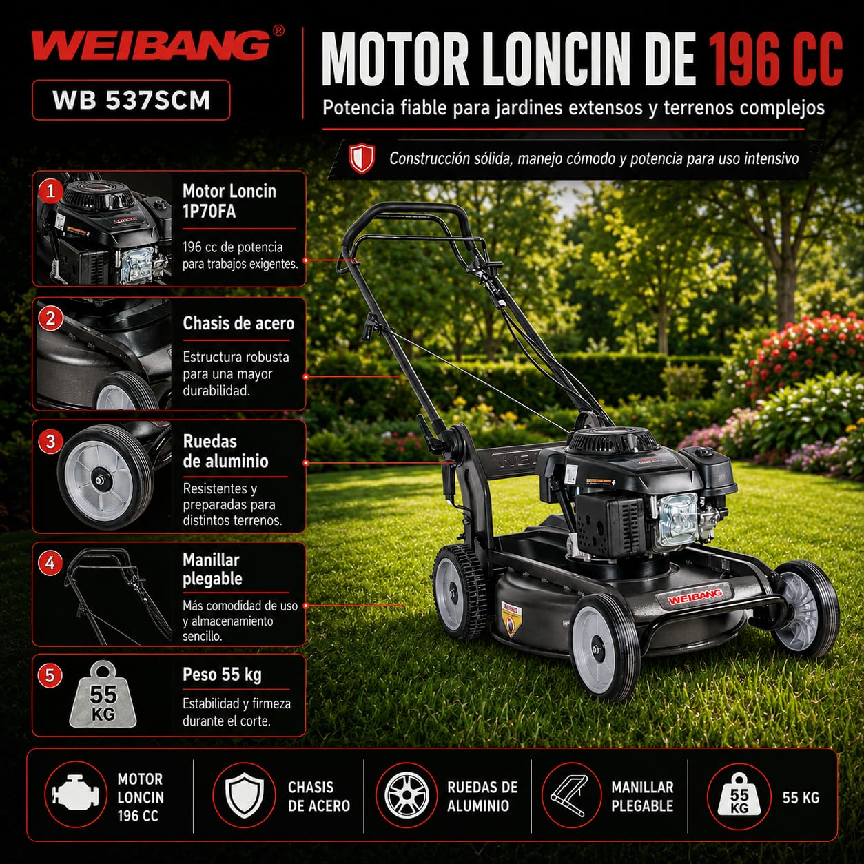 WEIBANG Cortacésped a Gasolina WB 537SCM, Motor Loncin 196 CC, Corte 53 cm, Mulching, Chasis de Acero, Manillar Plegable