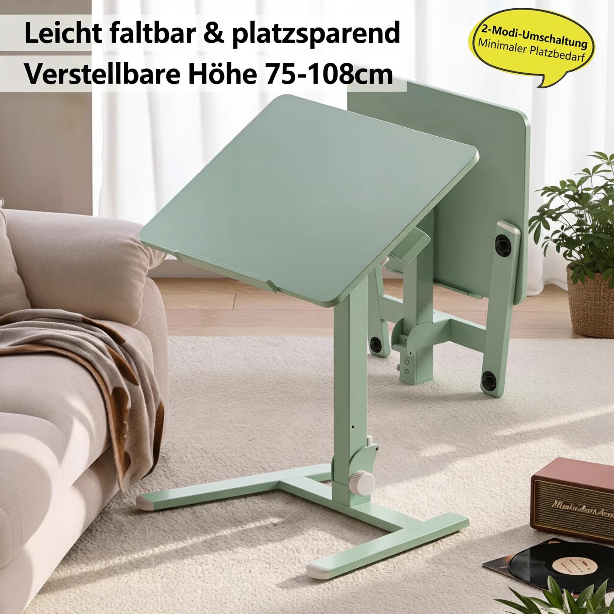 MUSSO AnyDesk D7 Tavolino da Letto per PC Portatile, Scrivania Mobile Regolabile in Altezza (75-108cm), Pupitre Pieghevole Inclinabile 0-90°, Supporto Ergonomico per Telelavoro, Divano & Letto (Verde