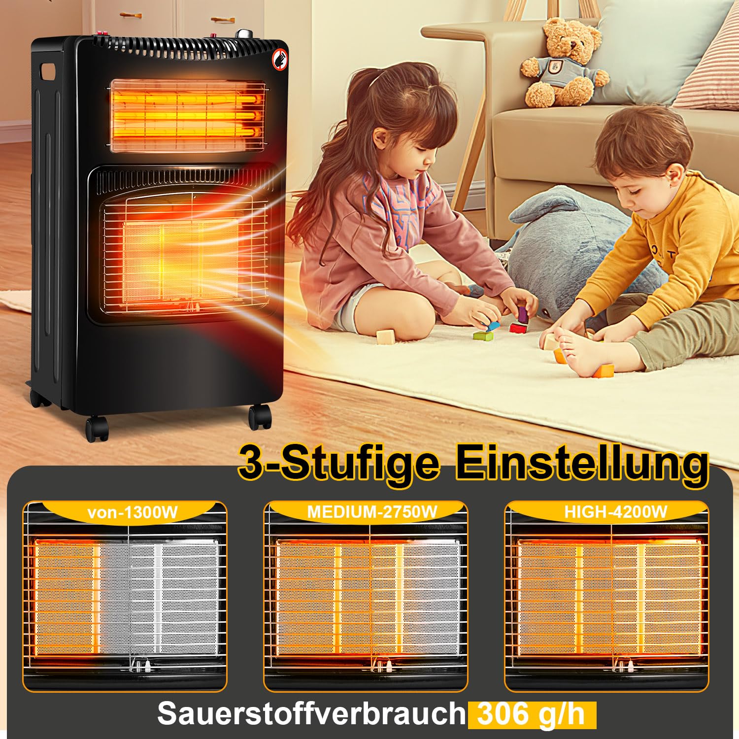 Eulenke Gasheizung für Innenräume, 4200w Keramik Gasheizer + 1260w Infrarot Heizstrahler inkl. Gasdruckregler & Gasschlauch, 3 Heizstufen Gasofen, Butan- oder Propangasflaschen bis 15kg