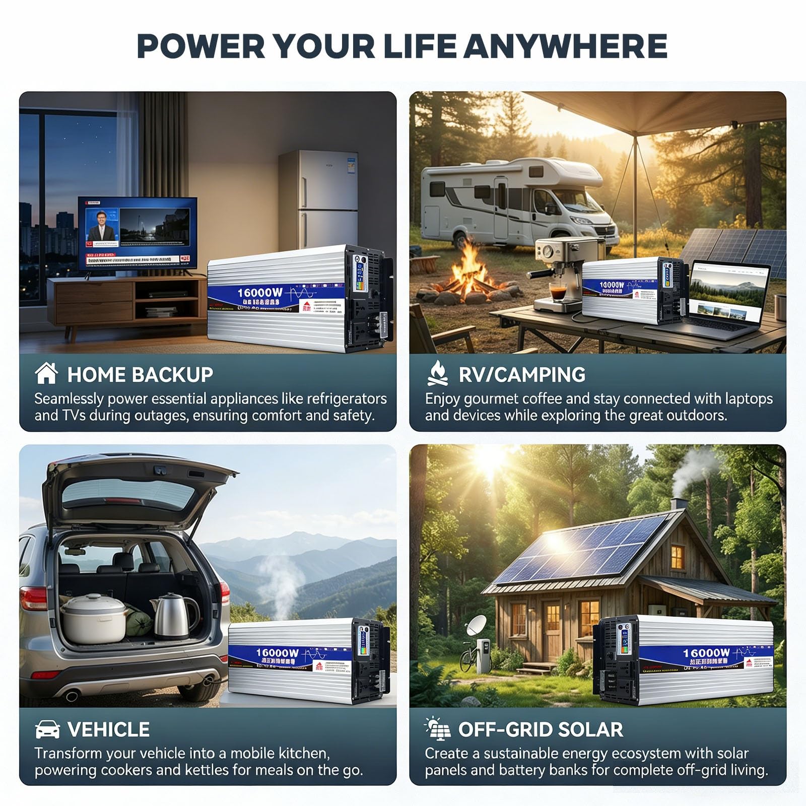 2026 Upgraded Inverter Onda Pura, 16000w/12000w Inverter Auto, Dc 24V/48V/60V/72V a Ac 230V, Display LCD Intelligente, Alimentazione Alta, Per Strumenti Heavy-Duty(16000W,48V)