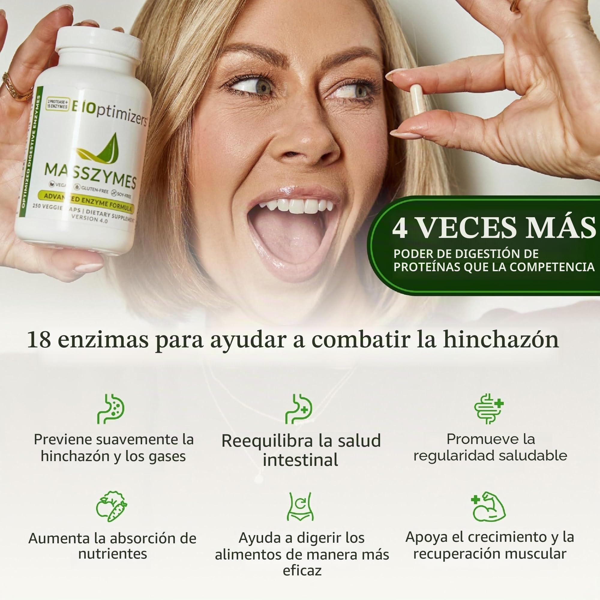 BiOptimizers Masszymes | Suplemento De Enzimas Digestivas Para Una Mejor Absorción | Alivio De La Hinchazón, Estreñimiento Y Gases | Contiene Lipasa, Amilasa Y Bromelina | 250 Cápsulas