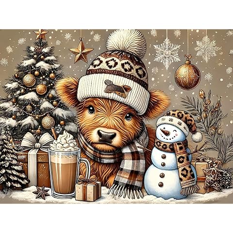 MjhRcll Christmas Paint by Numbers for Adults,Highland Cow Paint by Numbers Kits for Beginners,Winter DIY Acrylic Watercolor Paint by Number on Canvas for Home Wall Decor 16X20 Inch