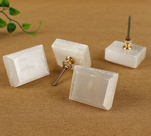JIC Gem 4 tiradores cuadrados blancos para gabinete, tiradores de piedra de cristal de selenita, grandes para cajones, armarios de cocina, armario