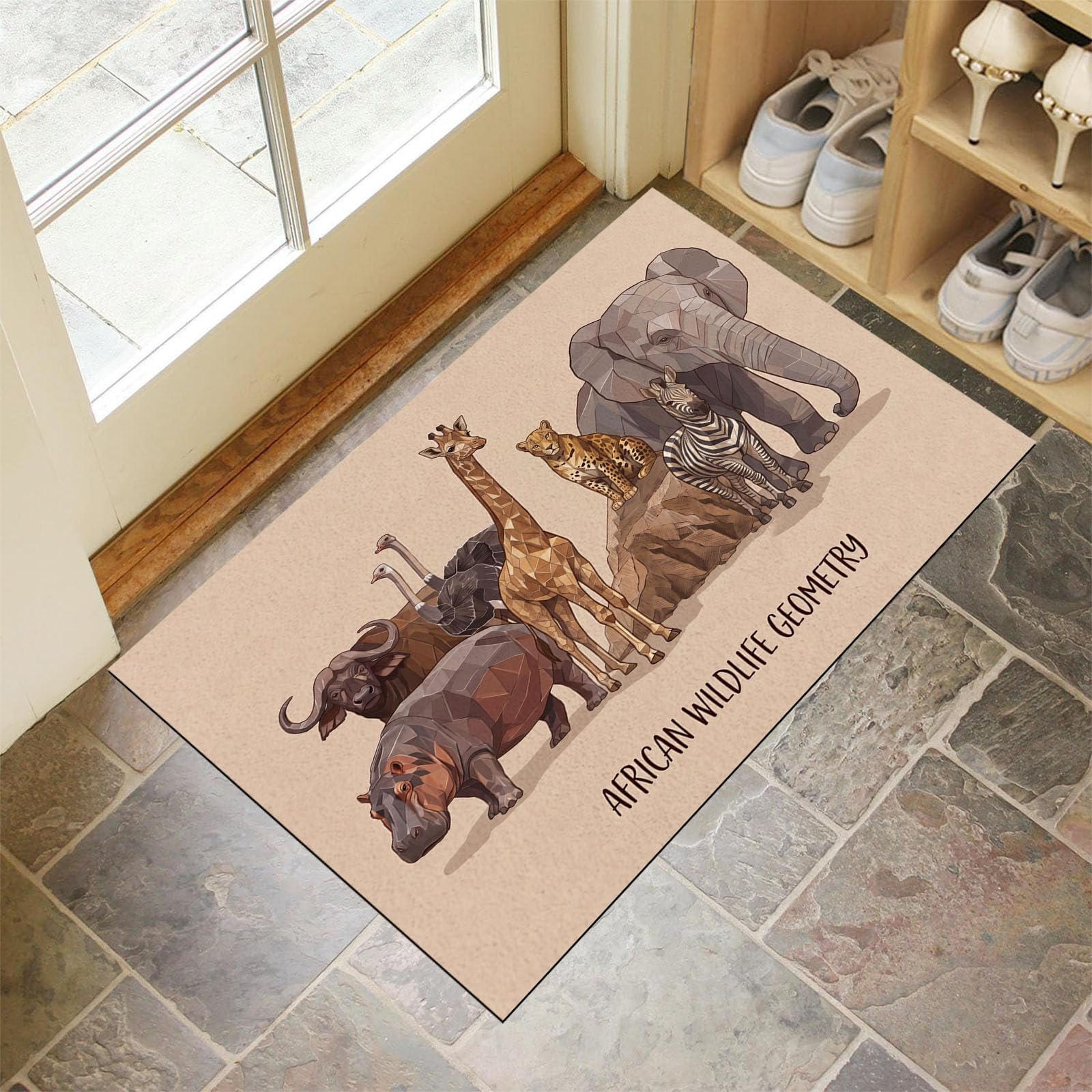 Zerbino Ingresso Interno Fauna Selvatica Africana, Zerbino Di Benvenuto Lavabile Morbida Giraffa Elefante, Antiscivolo Tappeto Da Decorazioni Beige Per Casa Porta, 60X90Cm