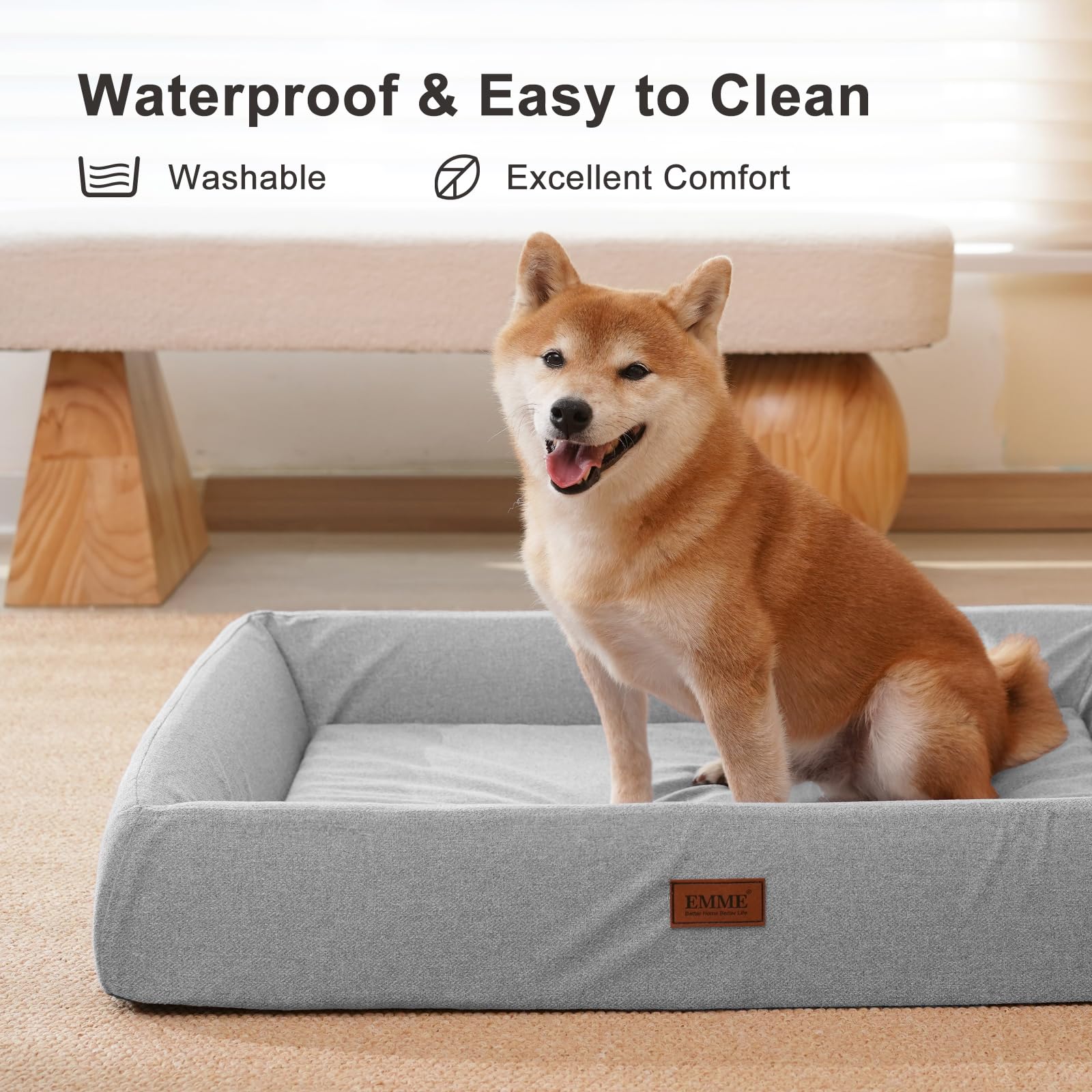 EMME Hundebett – rundum wasserdichtes Polyurethan-Hundesofa, waschbar, hoch elastisch, Abnehmbarer und waschbarer Bezug, rutschfest, für alle Jahreszeiten geeignet, 89x67x14,5 cm, grau