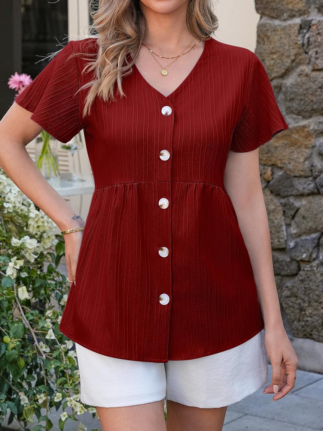 Tankaneo Womens Babydoll Tops Summer Short Sleeve Peplum Flowy Blouse Casual Spring Loose Button Down V Neck Ruffle Shirts - Image 5