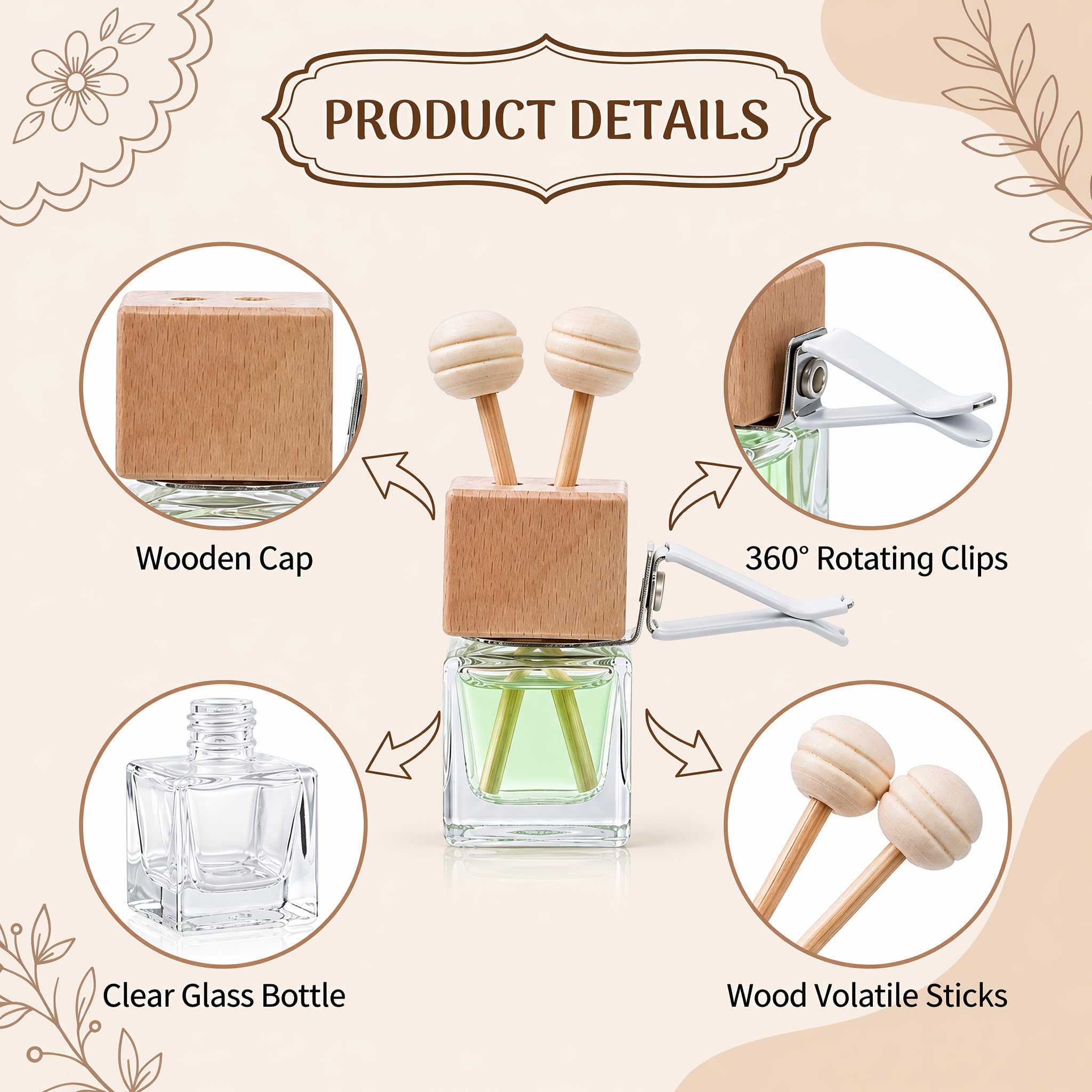 WRINGKIT 20 sztuk samochodowych dyfuzor odświeżacza powietrza, dyfuzor olejków eterycznych z klipsem wentylacyjnym, butelka na perfumy z przezroczystego szkła, drewniana nakrętka, pusty dyfuzor do