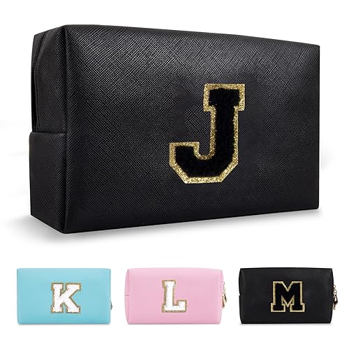 Miniatura 311 de Bolsa de maquillaje personalizada con inicial A-Z Preppy Patch, pequeña bolsa de cosméticos de PU con letra de chenilla y cierre para niñas Negro
