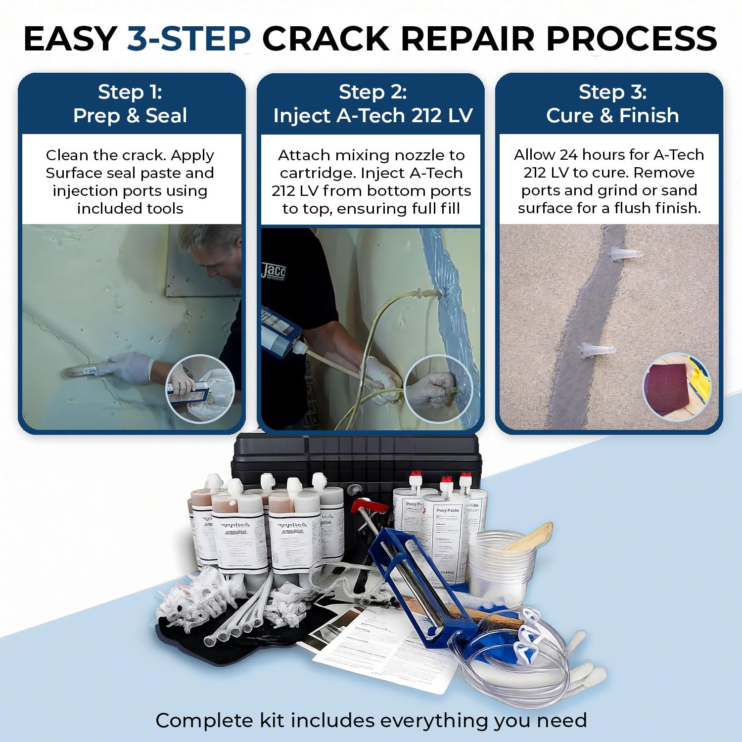 30ft Epoxy Foundation Wall Crack Repair Kit, A-Tech 212 LV Injection System, ASTM C-881 Structural Concrete Crack Repair, Basement Wall Leak Sealant & Foundation Concrete Filler, Tough Waterproof Seal