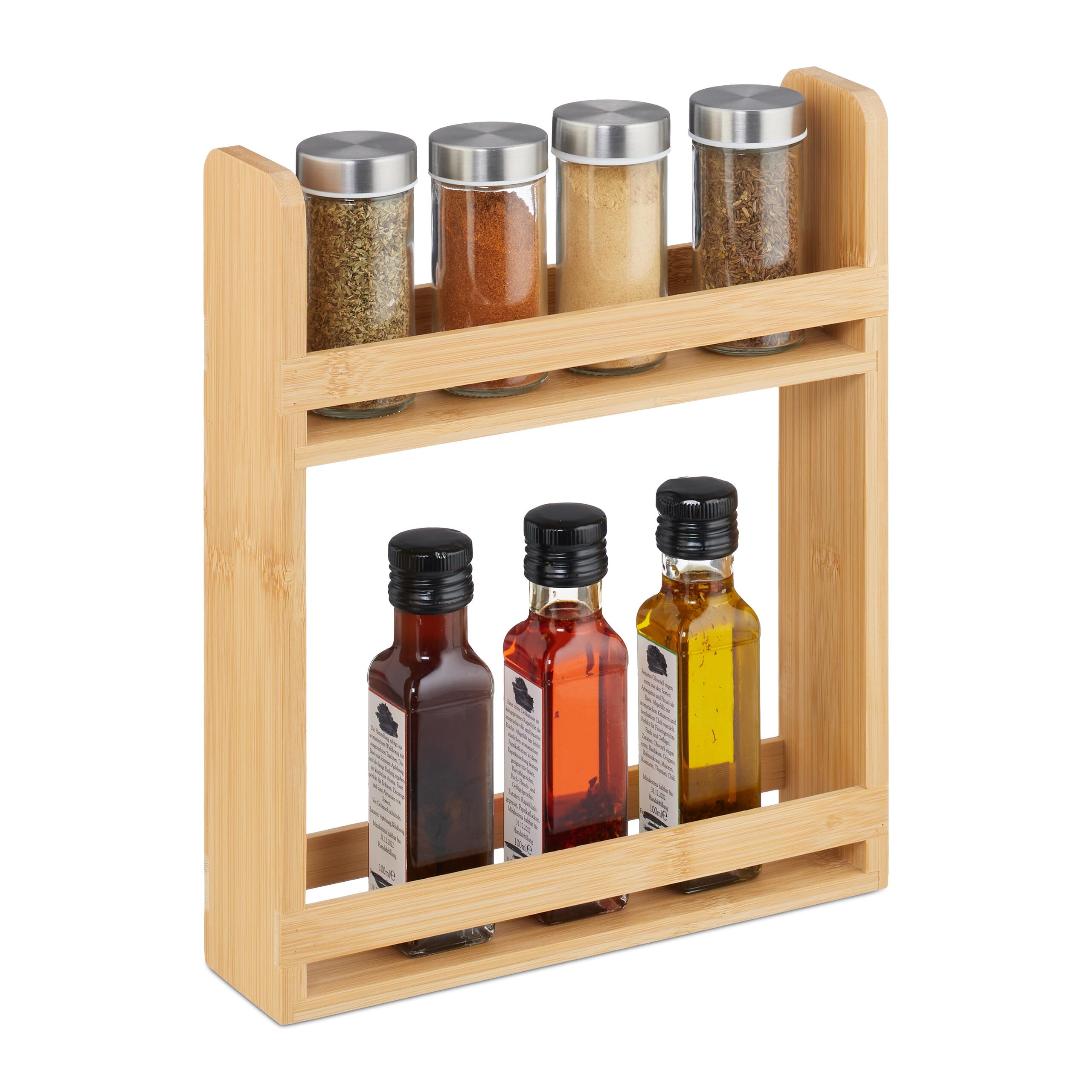 Relaxdays Bamboo Spice Rack, HWD: 30.5 x 25.5 x 6.5 cm, 2 Tiers, Freestanding Herb Storage, Kitchen Organiser, Natural