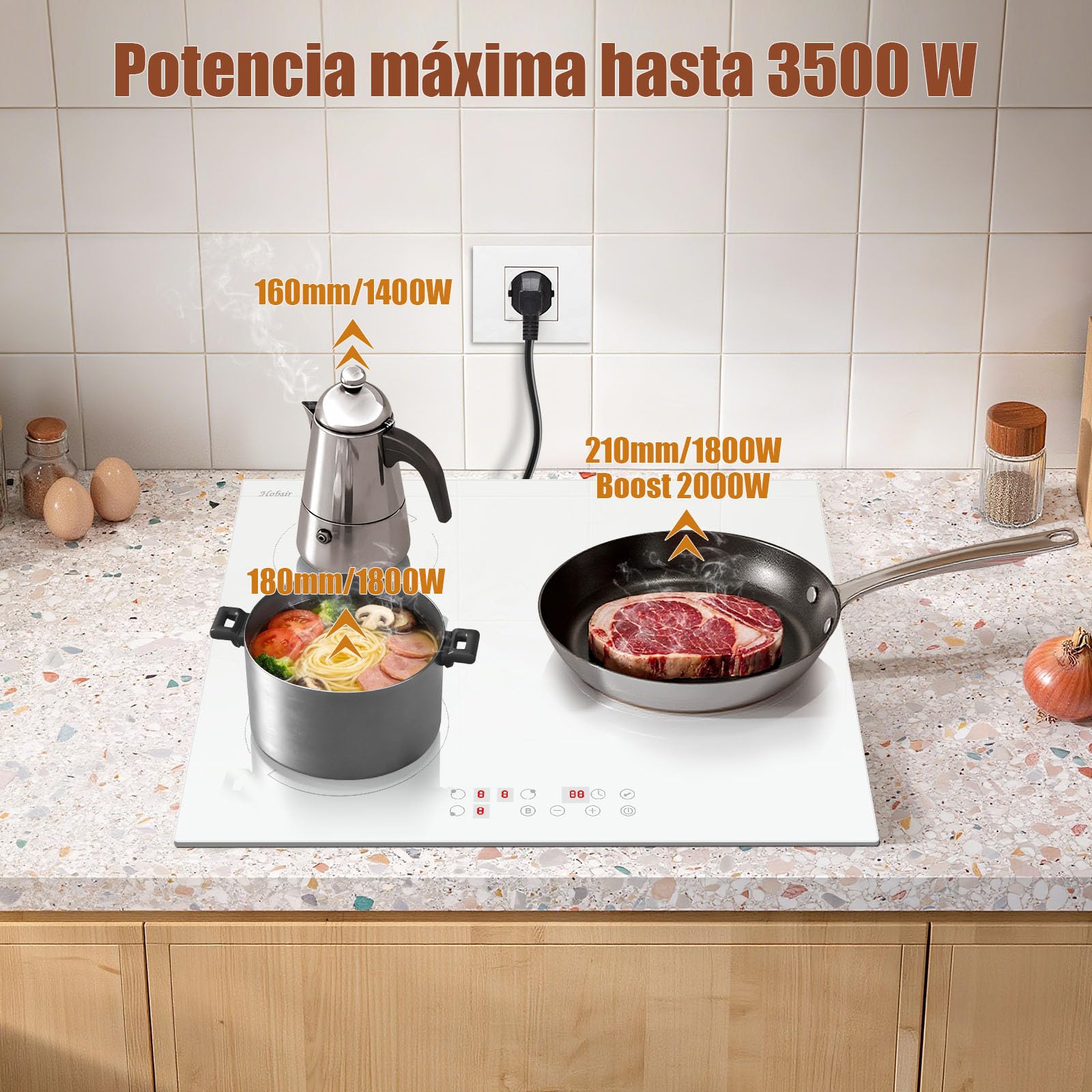 Hobsir Placa induccion 3 Fuegos con Enchufe 60cm, Placa de Inducción Blanca | 3500W, Control Táctil, Función Boost, 9 Niveles de Potencia, Bloqueo Infantil, Temporizador, 220-240V