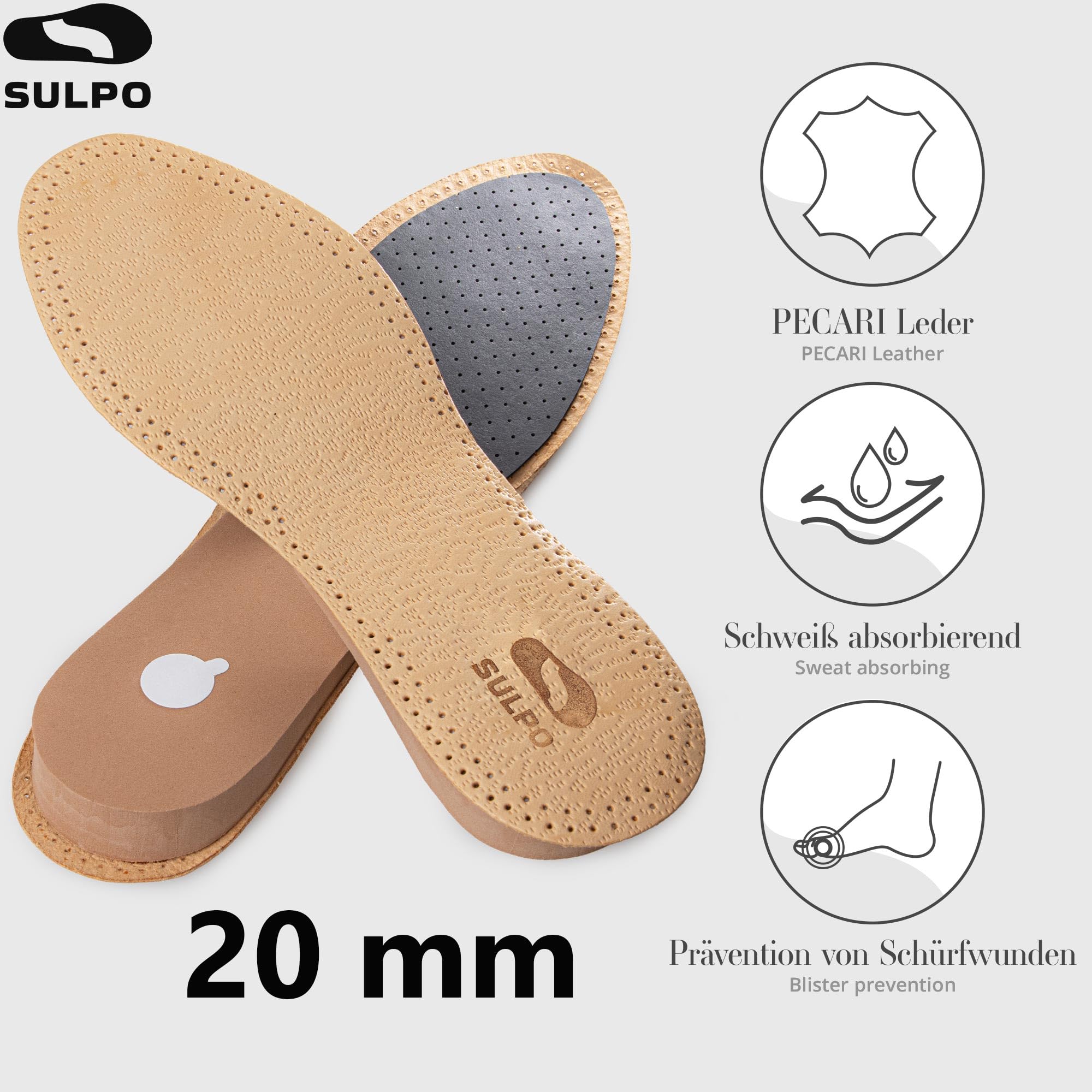 Skórzane wkładki do butów podwyższające - przeciwpotne - Rozmiar 39/40 - Grubość 2 cm