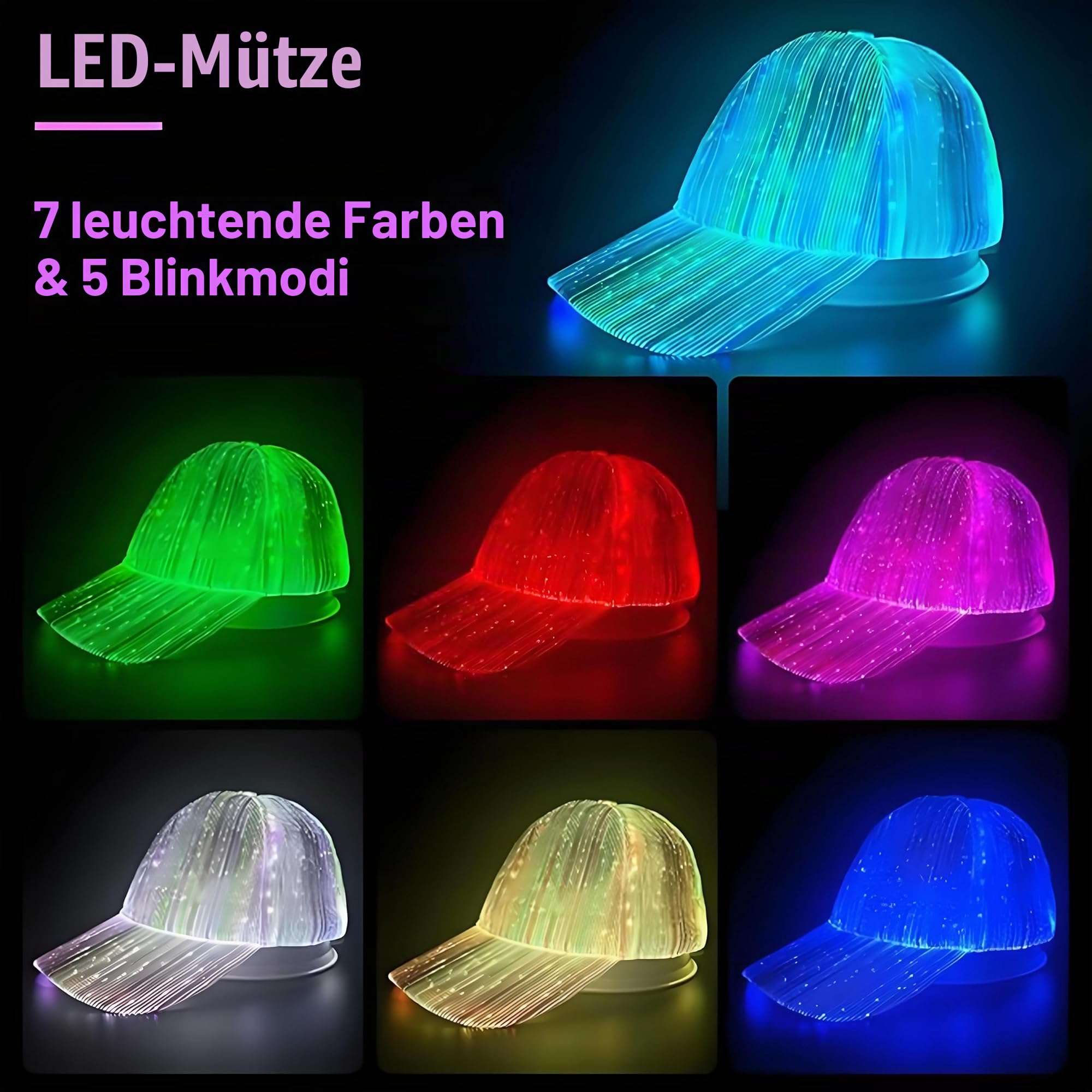 Cool Baseballkappe mit RGB Licht | LED-Hut mit 7 Farben & 5 Blinkende Modi | Verstellbar, USB Wiederaufladbare, Lichtmütze für Damen und Herren, Rave-Zubehör für Party, Geschenke Cap für Männer Frauen