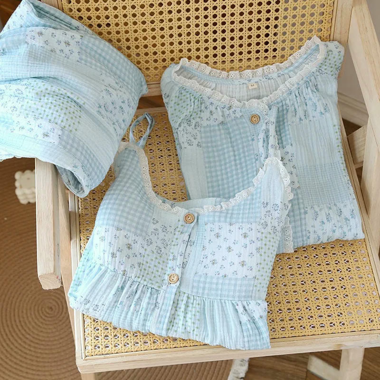 Pigiama Ladies Cotton 3pcs Set di Abiti da Casa per Pajamas Camisole Versione del Simple Style Studente-Un-m