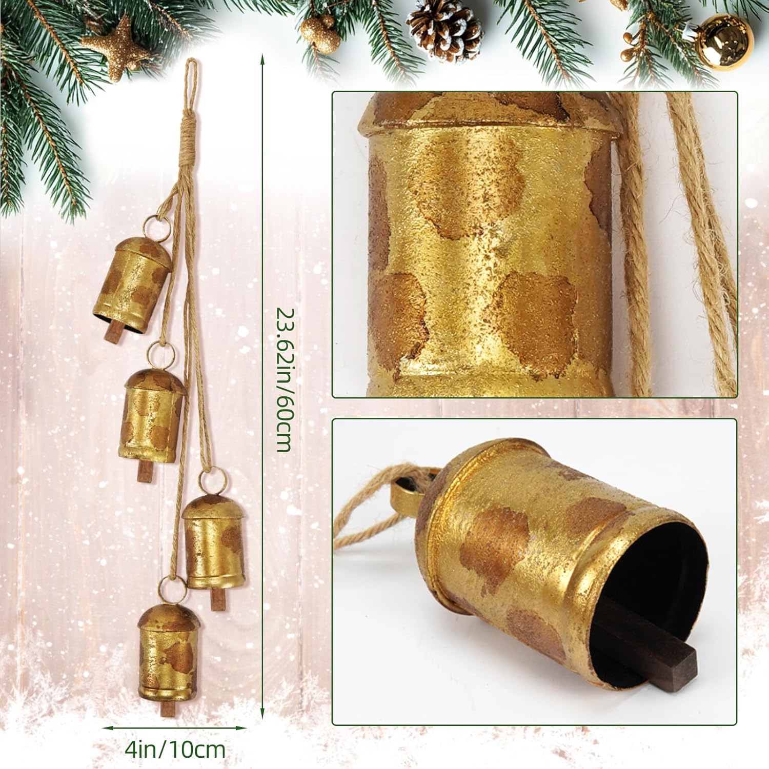 1 Christmas Rustic Metal Hanging Cow Bells, 4 Harmony Wind Chimes Xmas Iron Vintage Bells with Rope for Christmas Tree Wall, Wreath, Fireplace, Mantles, Stair Handrails Decor - Image 2