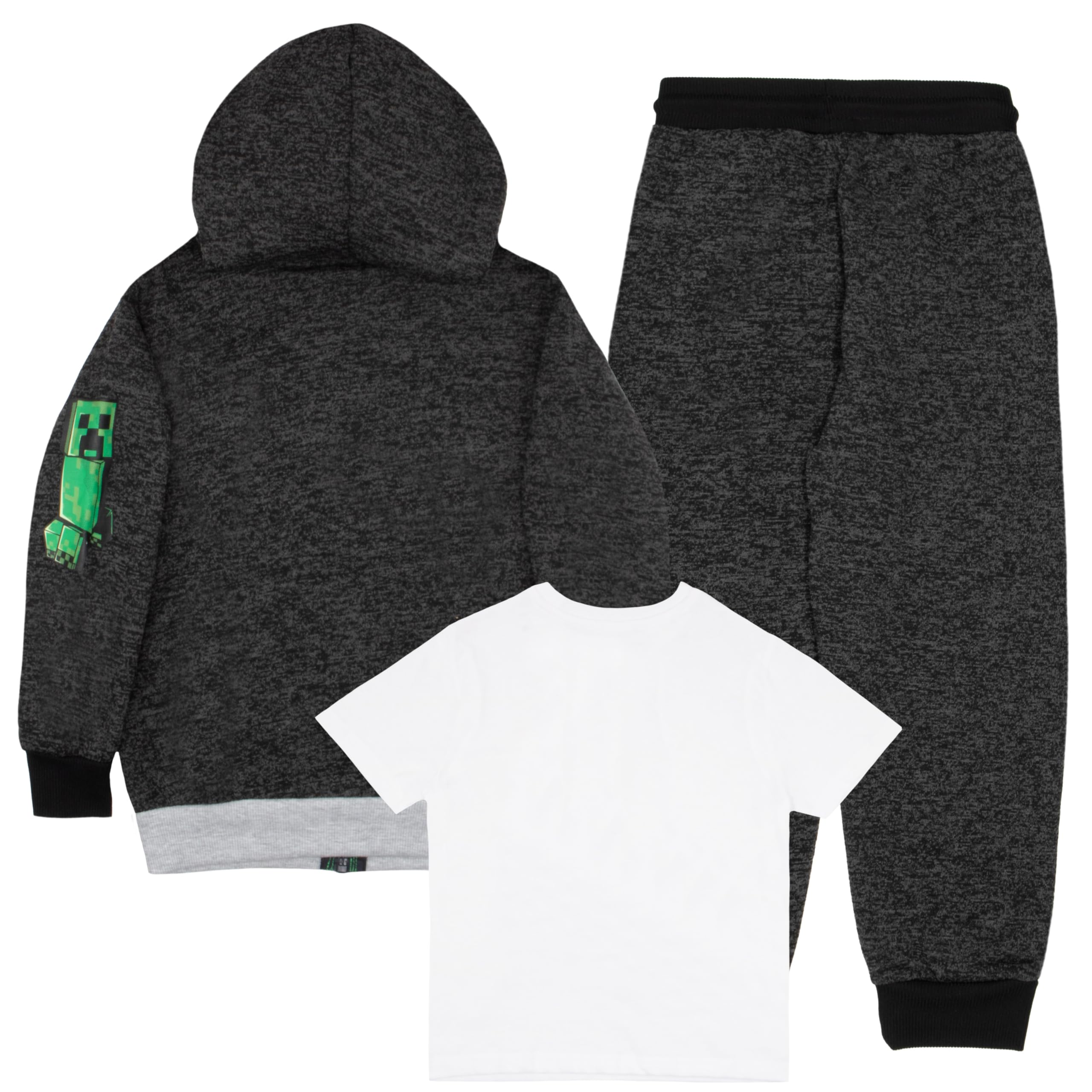 Minecraft Creeper Jungen 3-teiliges Set mit Reißverschluss, modischer Hoodie, kurzärmeliges T-Shirt und Jogginghose