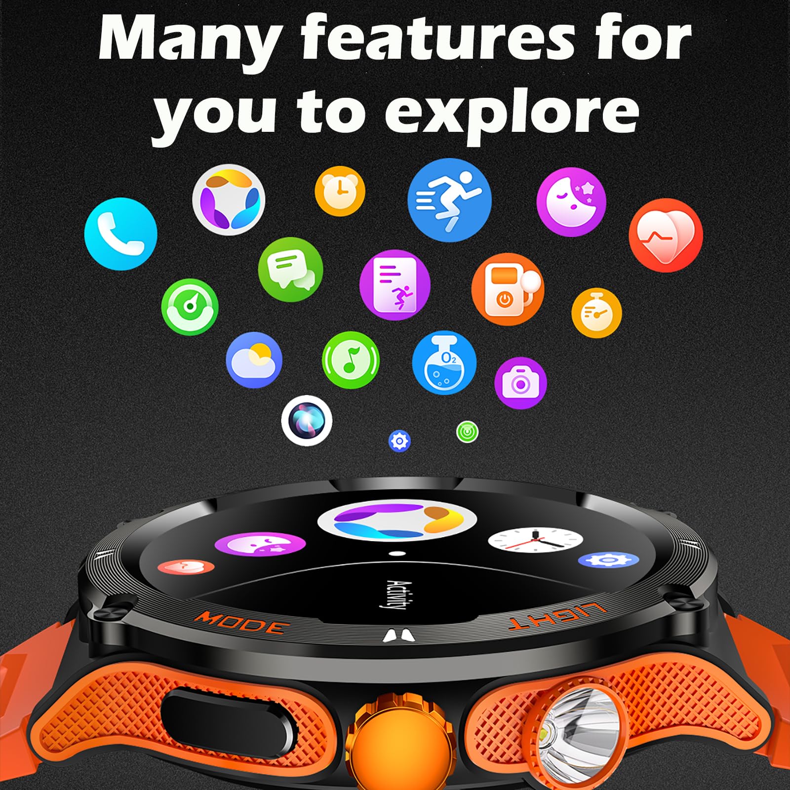 smartwatch bussola, orologio militare, robusto smartwatch con torcia a LED, funzione telefonica, frequenza cardiaca 24H, orologio fitness per Android iOS