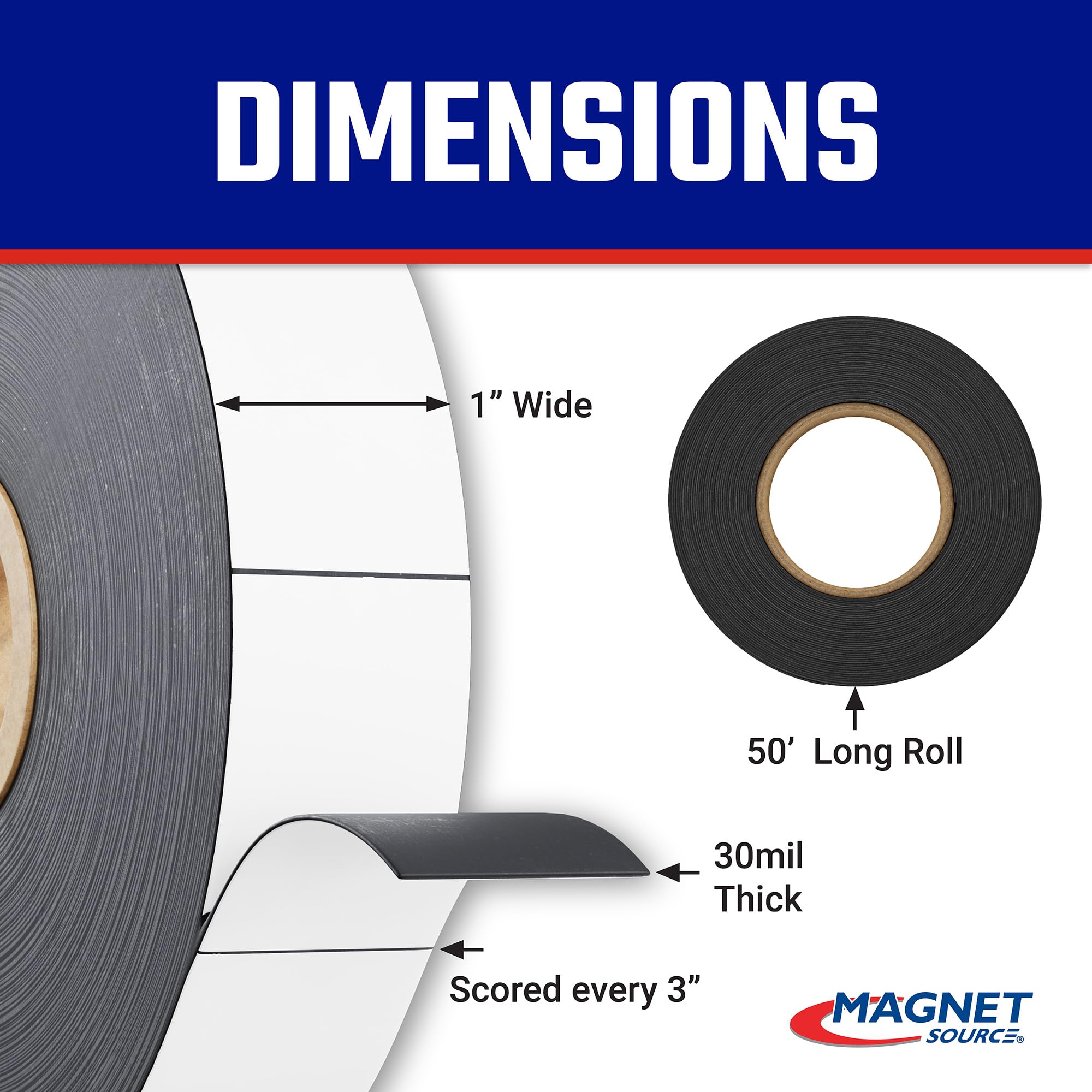 Flexible Magnet Strip with White Vinyl Coating, 1/32" Thick, 1" Height, 50 Feet, Scored Every 3", 1 Roll with 197-1" x 3" Pieces (1 pack) ZGN03040W/WKS50S3 — Amazon image 2
