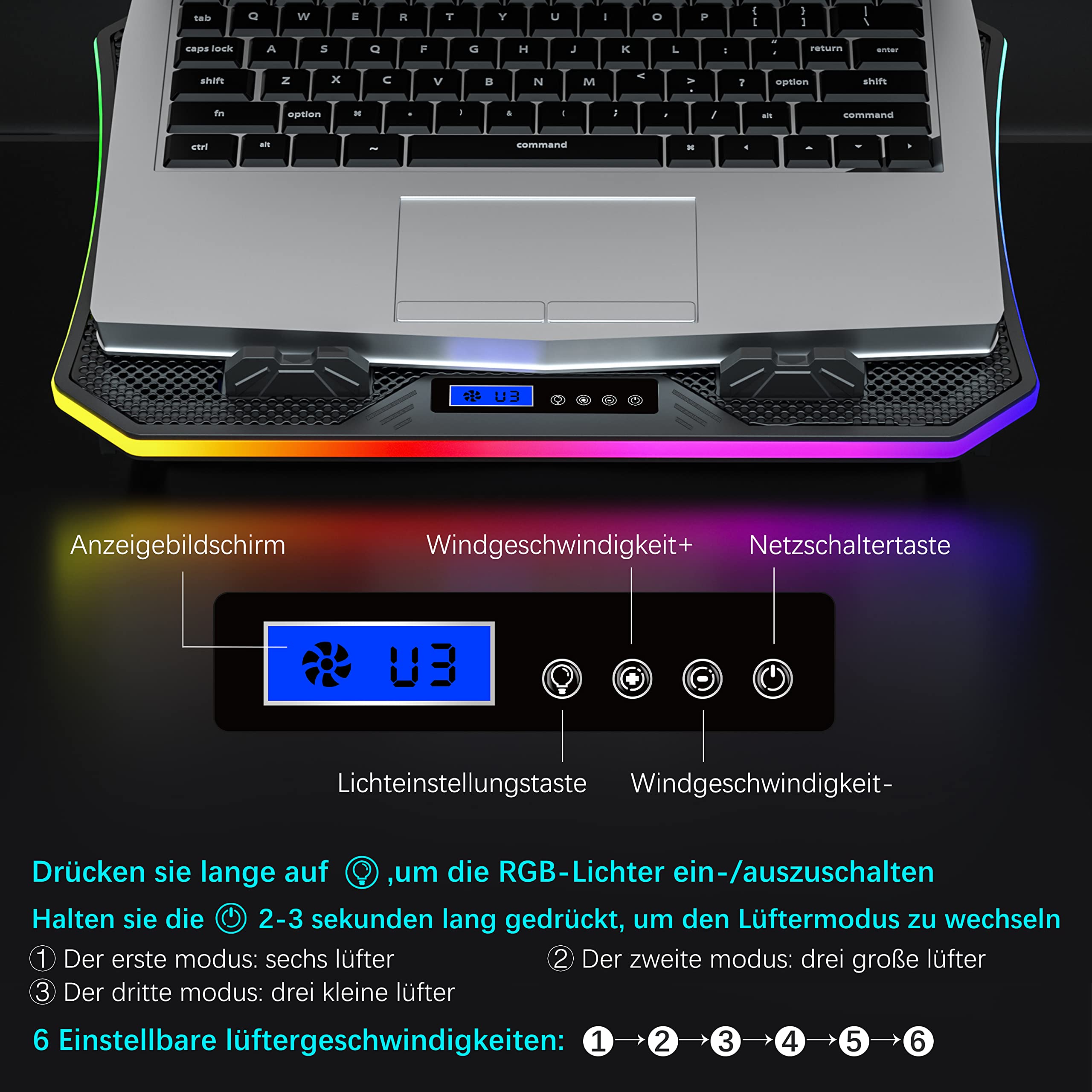 TopMate C12 Laptop Kühler RGB Gaming Notebook Kühlpads für Schreibtisch und Schoß, Laptop Lüfter Ständer 8 Höhenverstellbar mit 6 Leisen Lüfter+Handyständer, für 15,6-17 Zoll -EisBlau LED Licht
