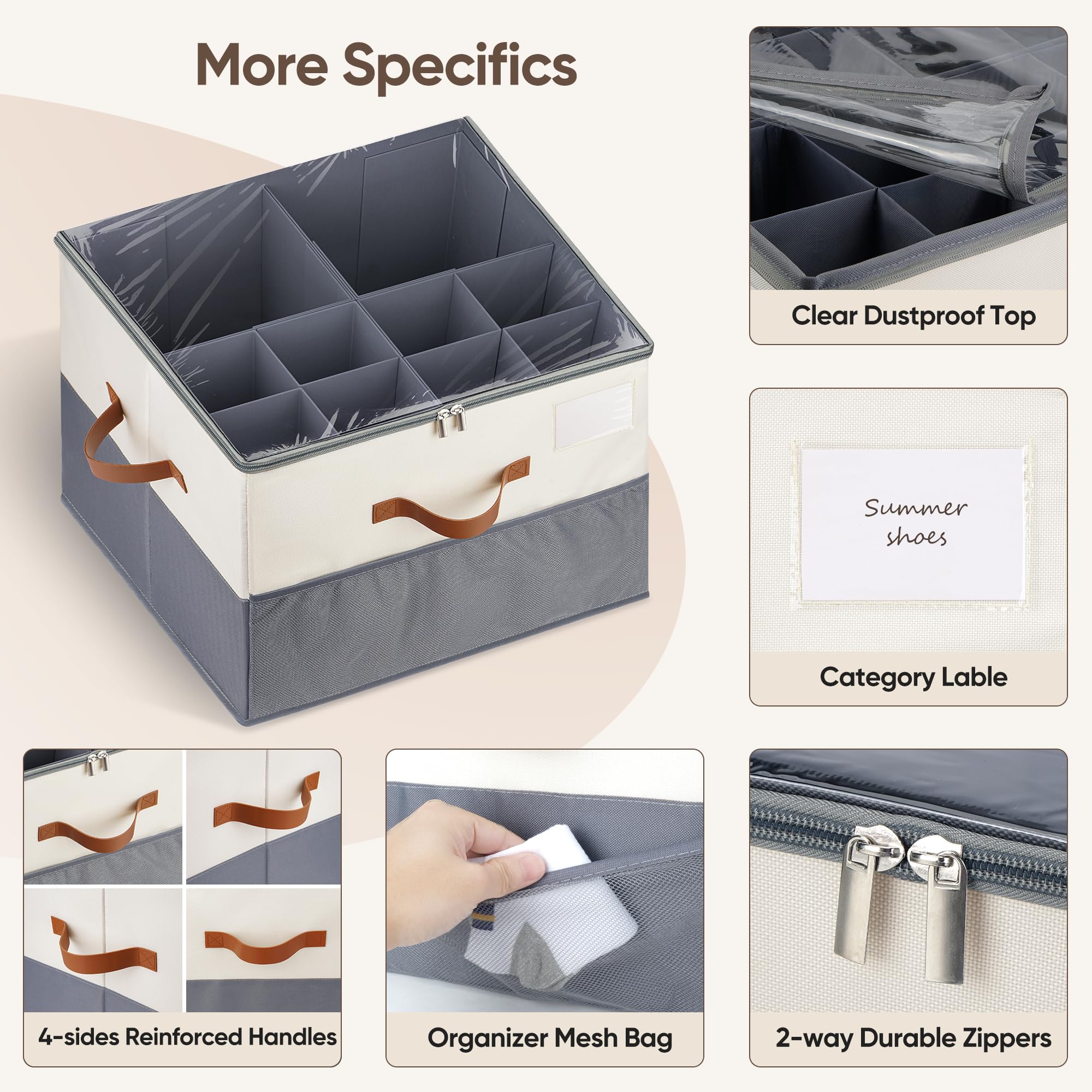 MSTONAL Shoe Organizer for Closet, 2 Pack Shoe Storage Containers with Adjustable Dividers, Space Saving Shoe Box Organizers Bins with Clear Lids & 4 Handles, Fits 16-32 Pairs, Beige & Grey