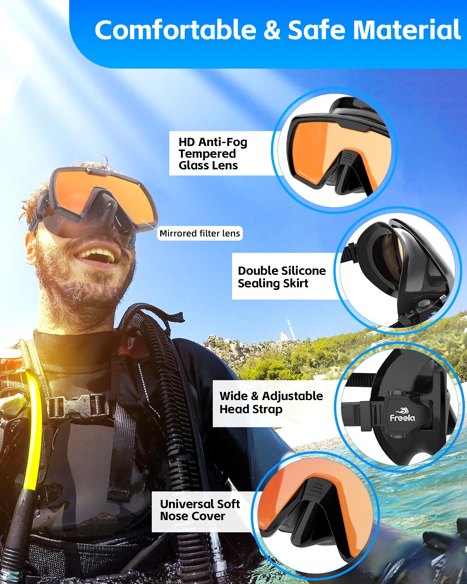 Freela Juego de esnórquel seco para adultos, máscara de buceo con cubierta de nariz para hombres, mujeres y jóvenes, vidrio templado de seguridad de visión amplia de 180°, antivaho, sin fugas, espejo