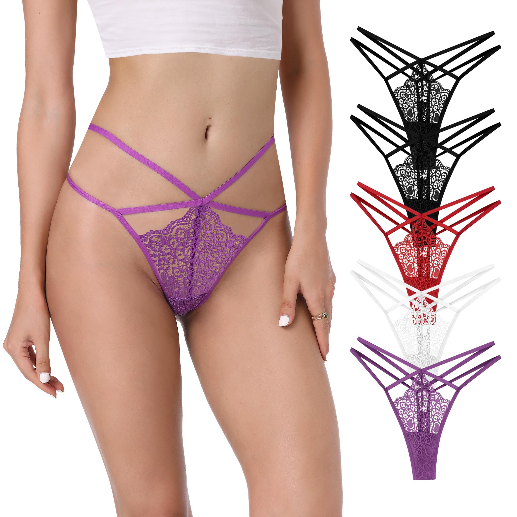 GAREDOB Womens G String Thongs Sexy Lace Thong Panties Comfortable Low Waist Thongs 10 Pack Multicolor Size XS-3XL