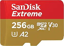 SanDisk Cartão UHS I Extreme microSD de 256 GB para vídeo 4K em smartphones, câmeras de ação e drones 190 MB/s de leitura, gravação de 130 MB/s SDSQXAV 256G GN6MN, vermelho/dourado