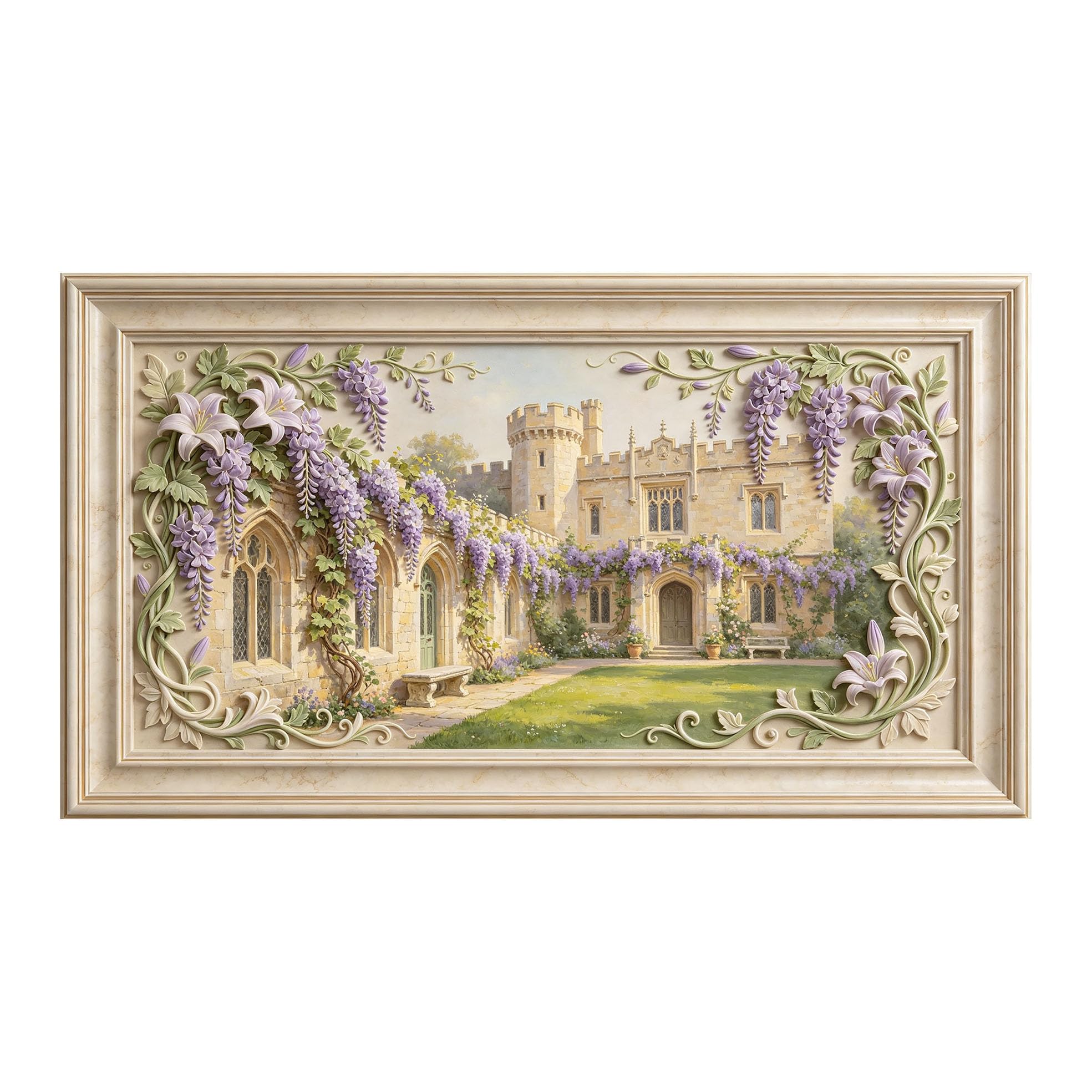 Murasolite 3D Framed Wall Art European Castle Garden Wisteria Floral Baroque Style SelfAdhesive Fabric Mural Wall Decor， Peel and Stick No Damage to Wall， AntiFall Safe Design for Bedroom Living Room