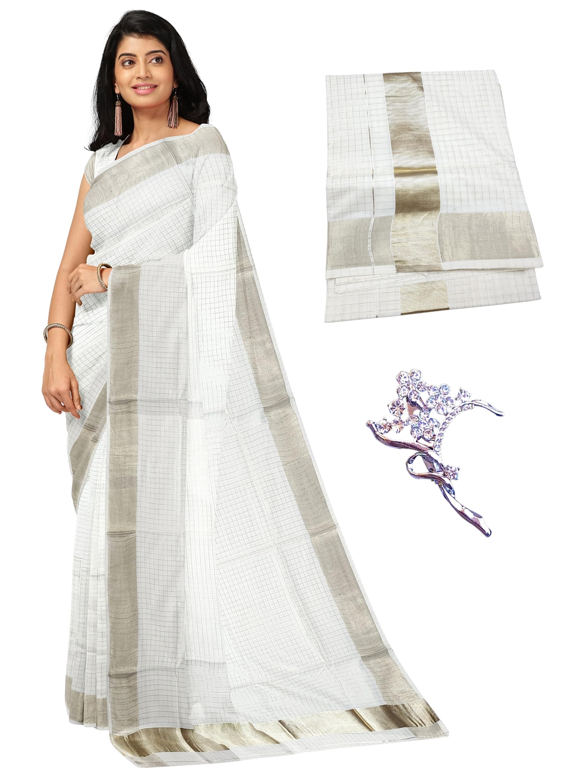 Women's Kerala White Kasavu Cotton Check Saree Antique Jari Without Blouse-image-46