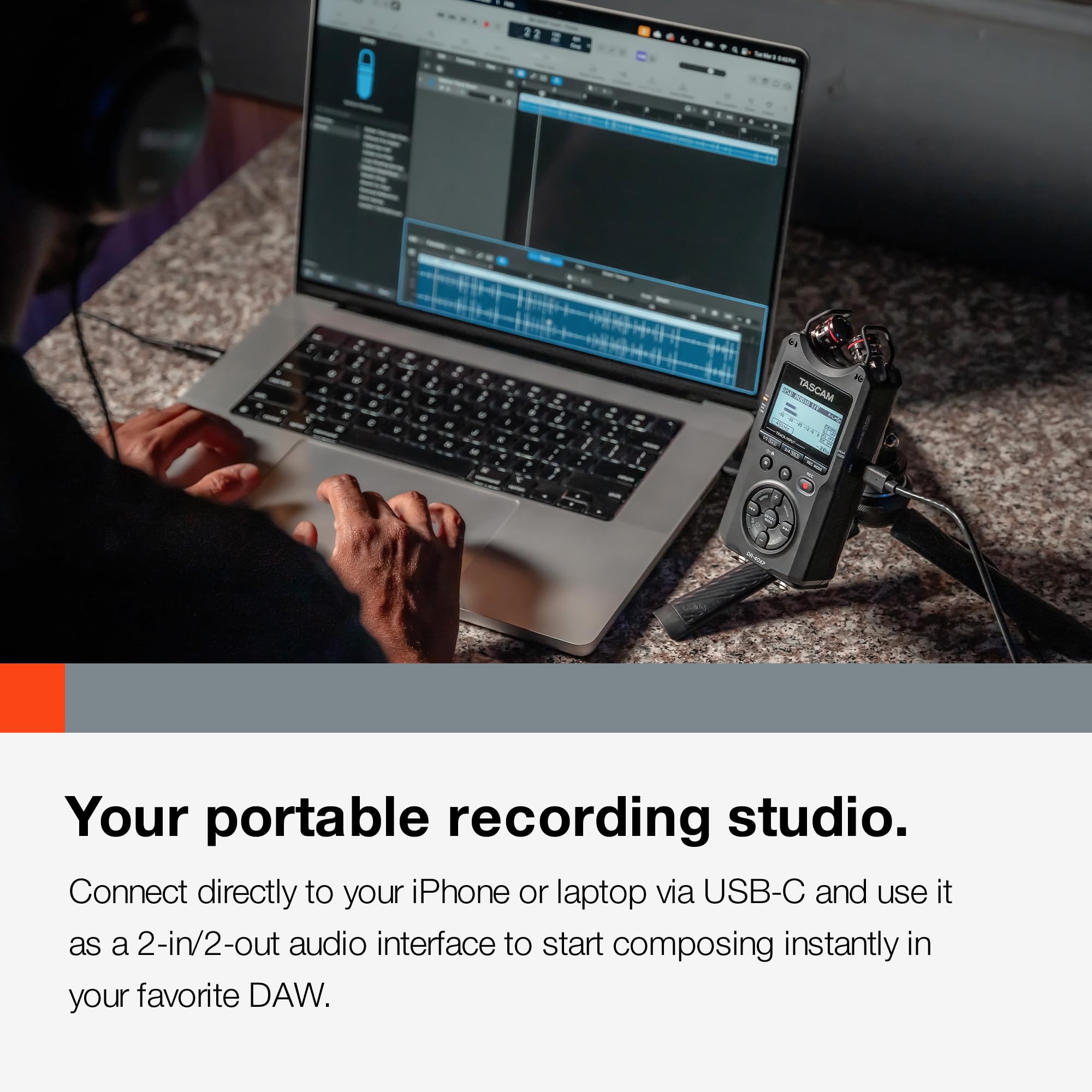 TASCAM DR-40XP Enregistreur de terrain portable 4 canaux 32 bits virgule flottante et interface audio USB-C — avec 2 entrées XLR/TRS et microphones réglables pour la musique, l'audio pour la vidéo et