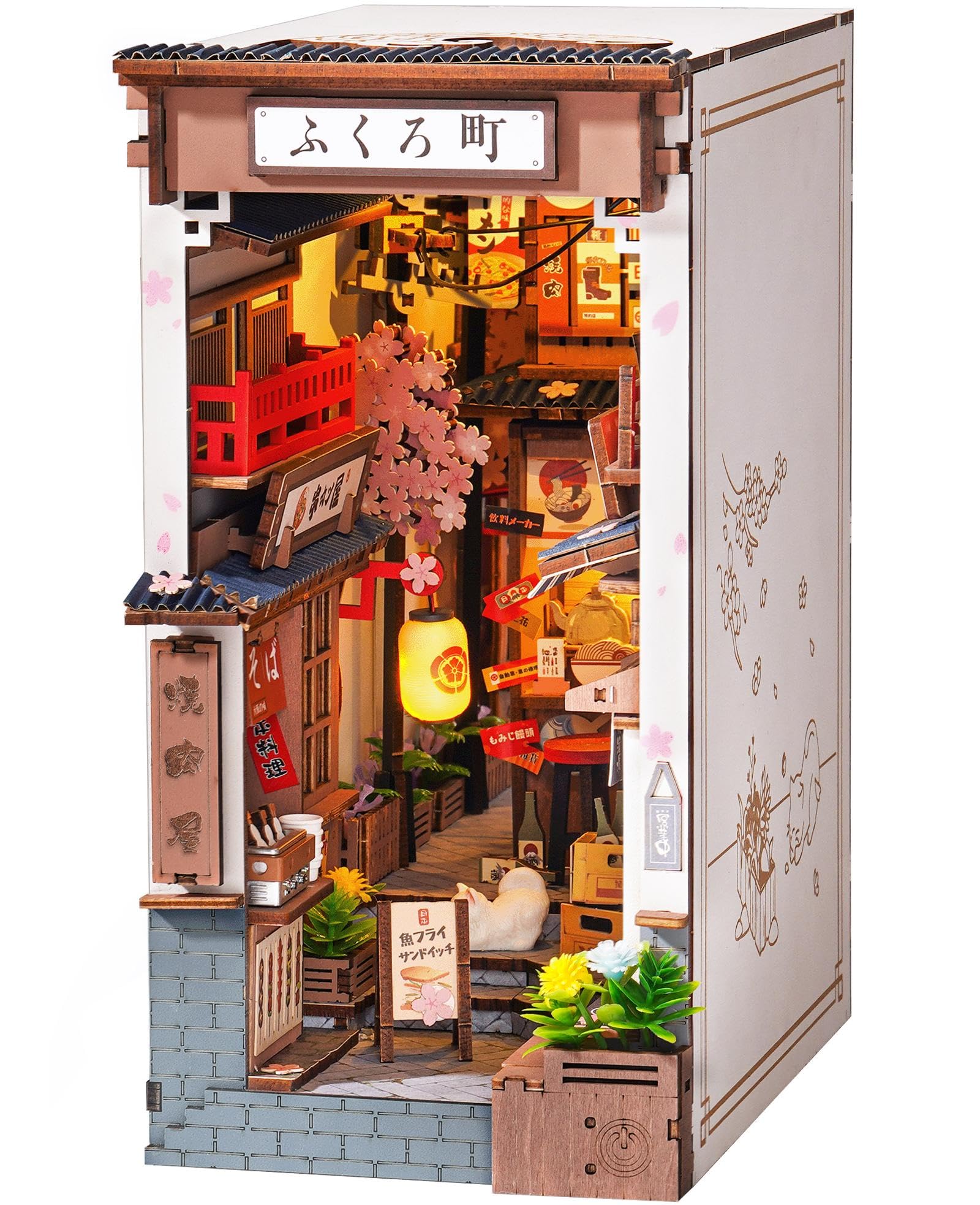 ROBOTIME Book Nook Booknook Japan con Luces LED Casas de Muñecas de Madera, Booknok Decoración del Hogar, Nookbook Regalos para Adultos Niños Mujeres(Sakura Wine Alley)
