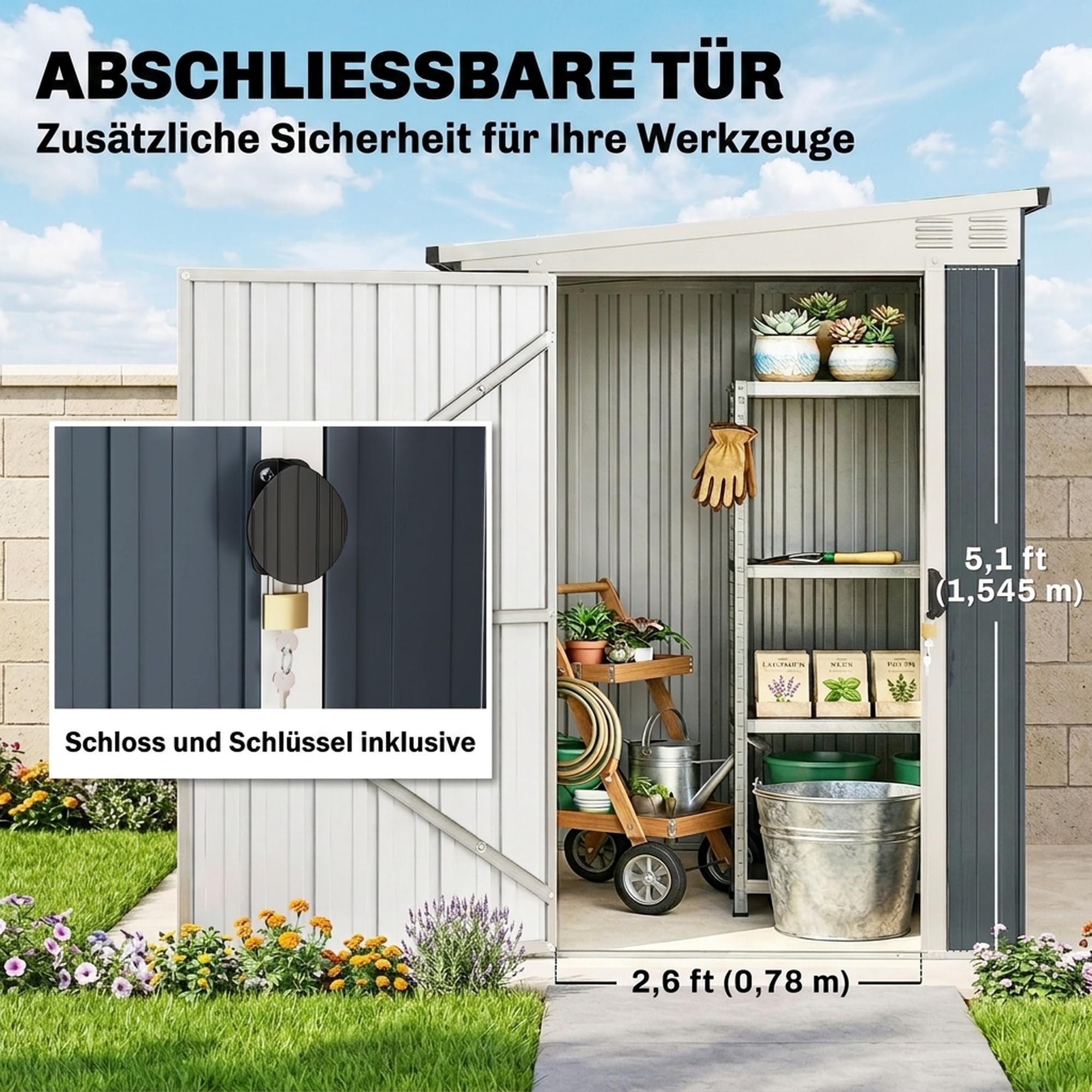 Outsunny Metalowy domek ogrodowy, 128 x 193 x 181 cm, 2,7 m², dach dwuspadowy, zamykany, odporny na warunki atmosferyczne, ciemnoszary