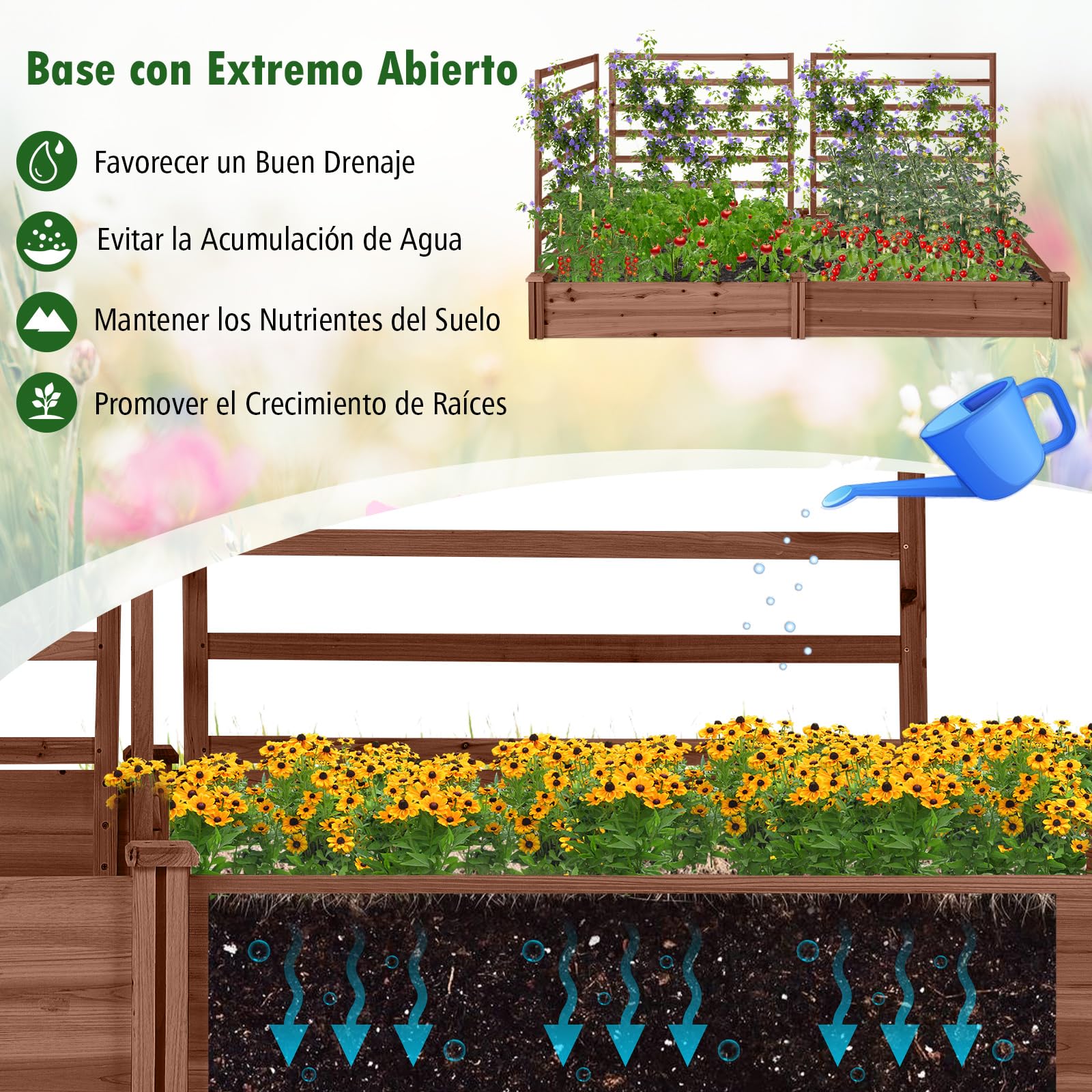 COSTWAY Jardinera con Enrejado, Cama Elevada de Jardín con 2 Maceteros y 3 Enrejados, Kit de Macetero de Madera para Exteriores, Macetero Elevado para Patio de Jardín, 222 x 114 x 110 cm (Marrón)
